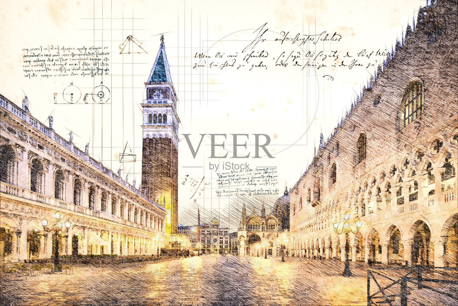 威尼斯圣马可广场，大教堂和圣马可钟楼，老式铅笔画插画图片素材