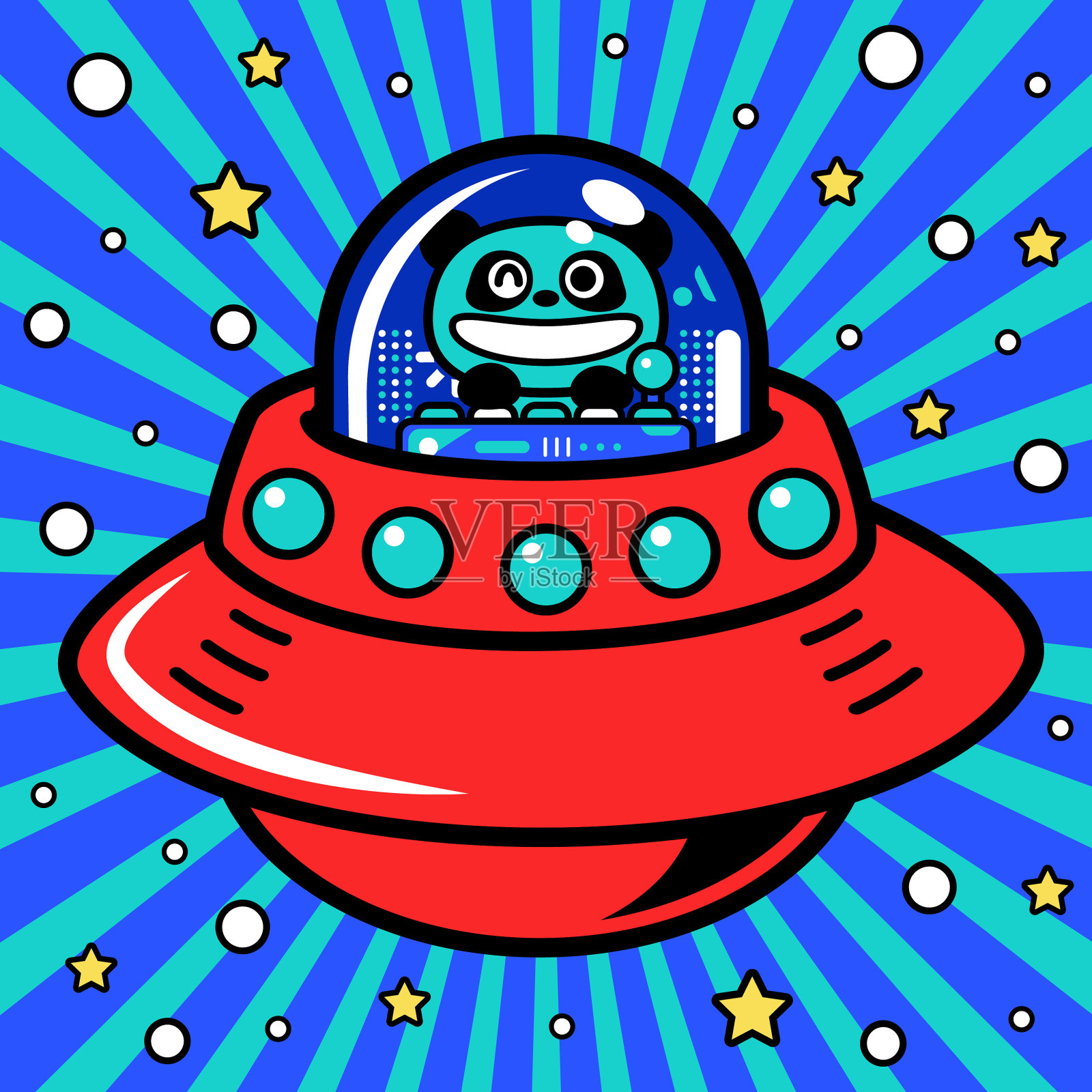 一个可爱的熊猫宇航员正驾驶着无限动力宇宙飞船或UFO进入超宇宙插画图片素材