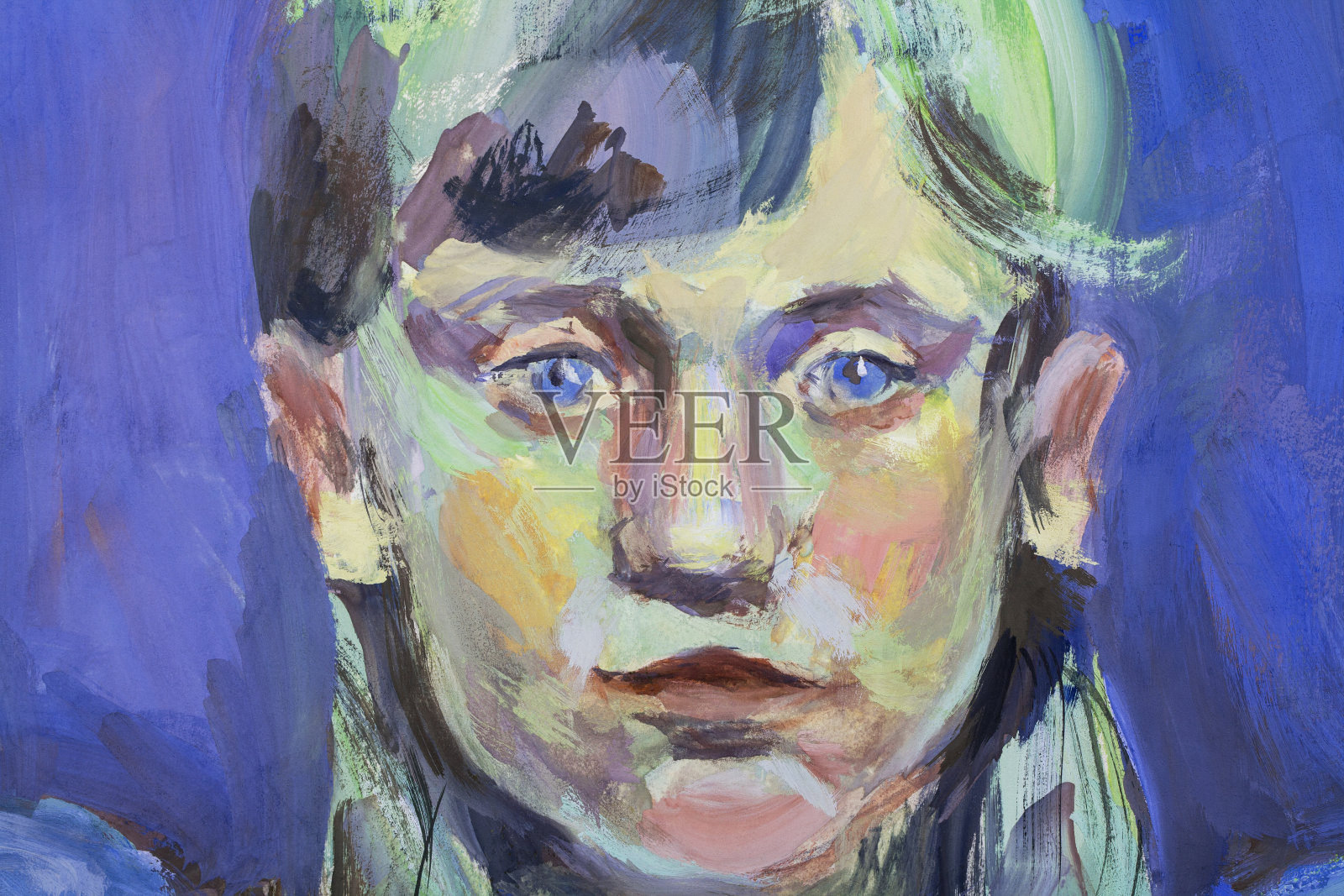 时尚的插图童年的寓言春天现代艺术印象主义我的油画在画布上的水平肖像脸看着一个小女孩的蓝眼睛和长头发在蓝色的傍晚天空的背景插画图片素材