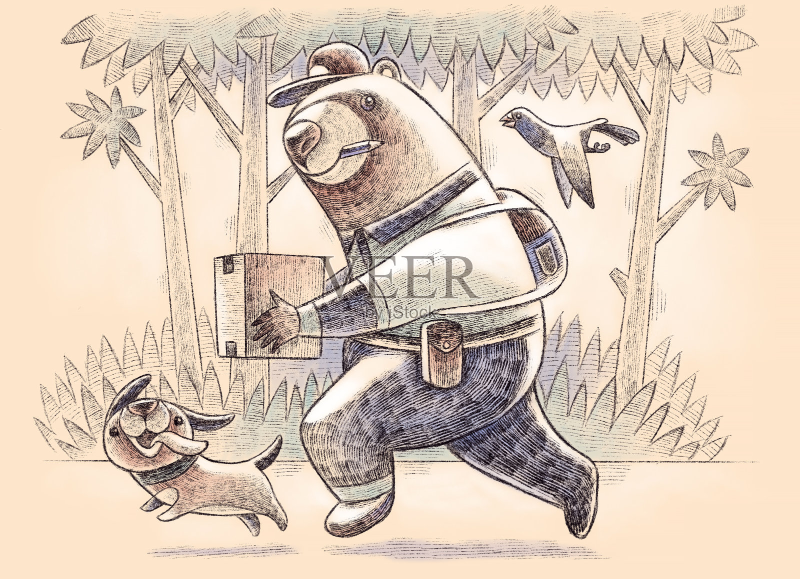快递熊携带包裹插画图片素材