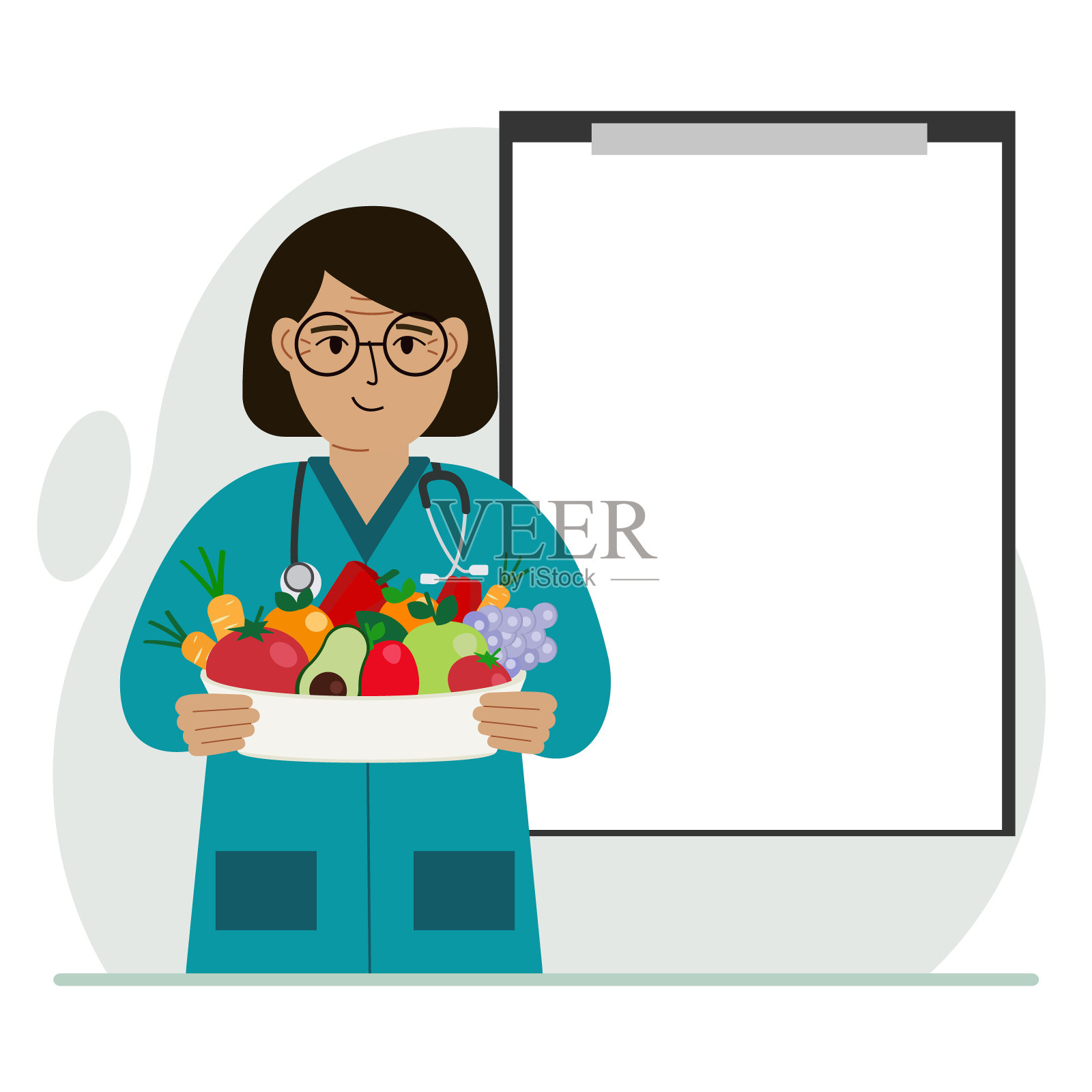 女医生端着一盘蔬菜和水果。剪贴板空白为您的文本。饮食观念，适当营养，健康。插画图片素材