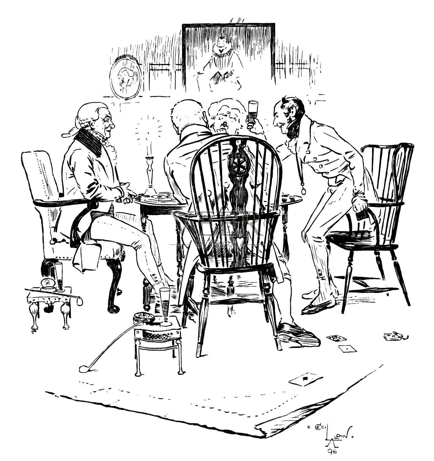 四个摄政时代的绅士沉迷于深夜打牌，抽烟喝酒插画图片素材