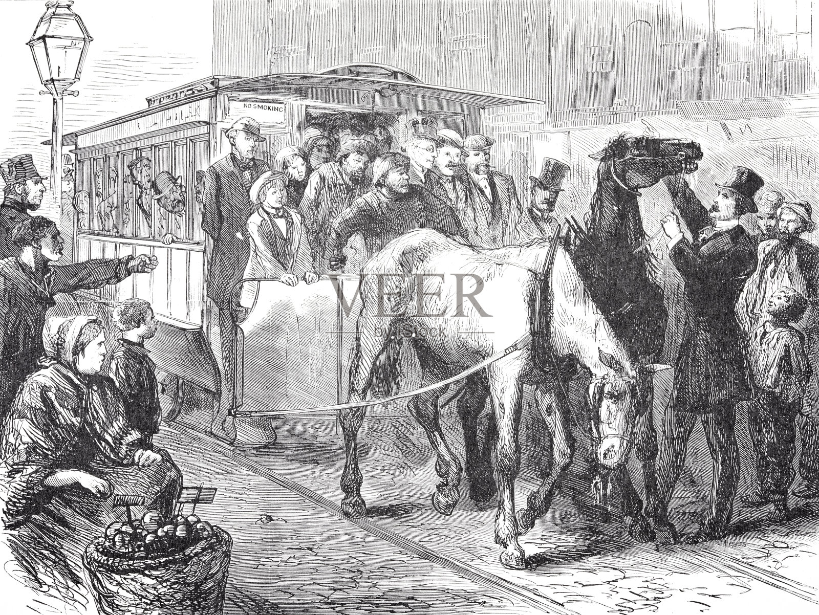 纽约市，一只筋疲力尽的动物拉着拥挤的汽车，亨利·伯格停了下来，1872年，SPCA插画图片素材