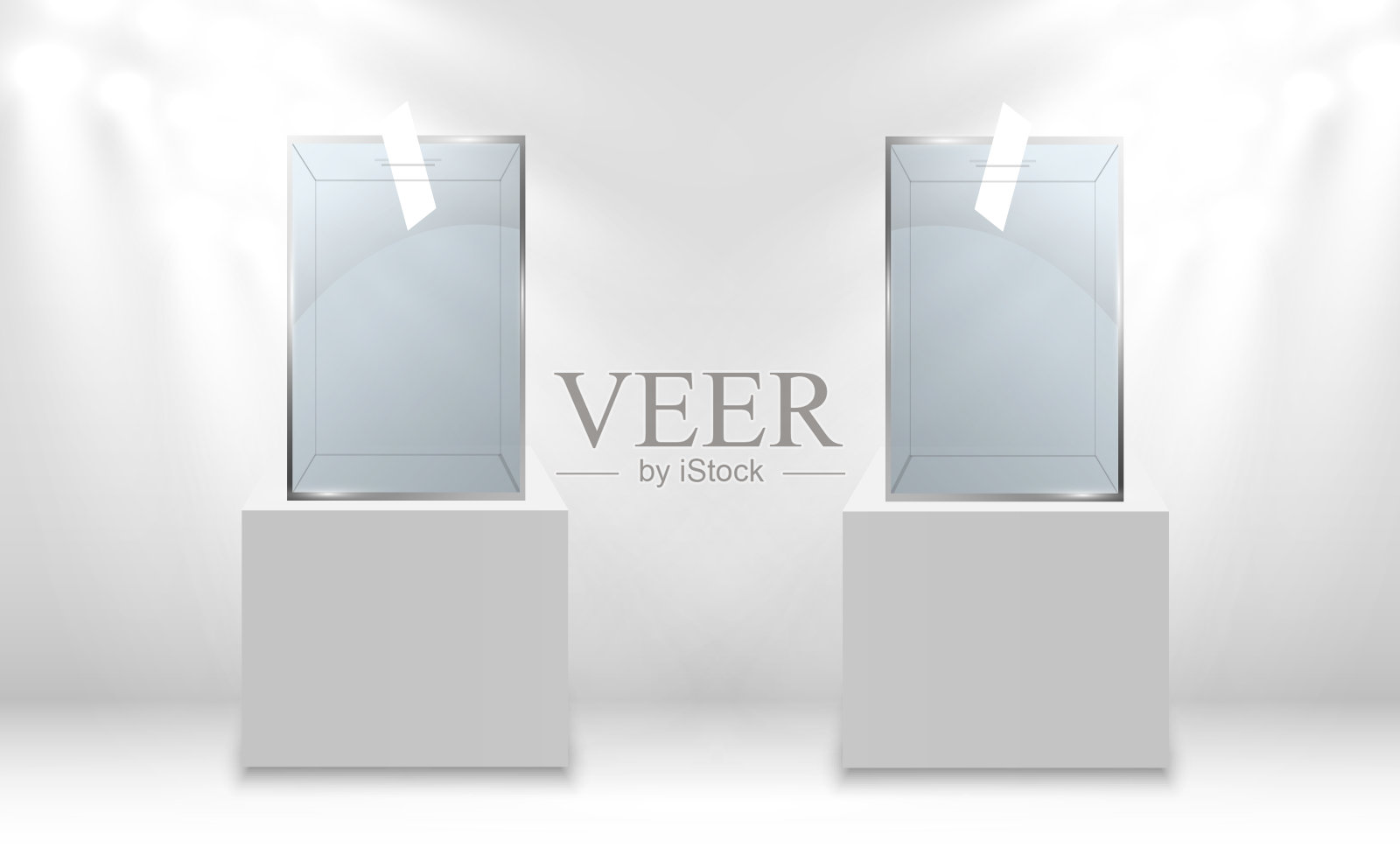 玻璃展柜以立方体的形式展出。背景出售用聚光灯照亮。博物馆玻璃箱隔离广告或商业设计精品。展览大厅。照片摄影图片