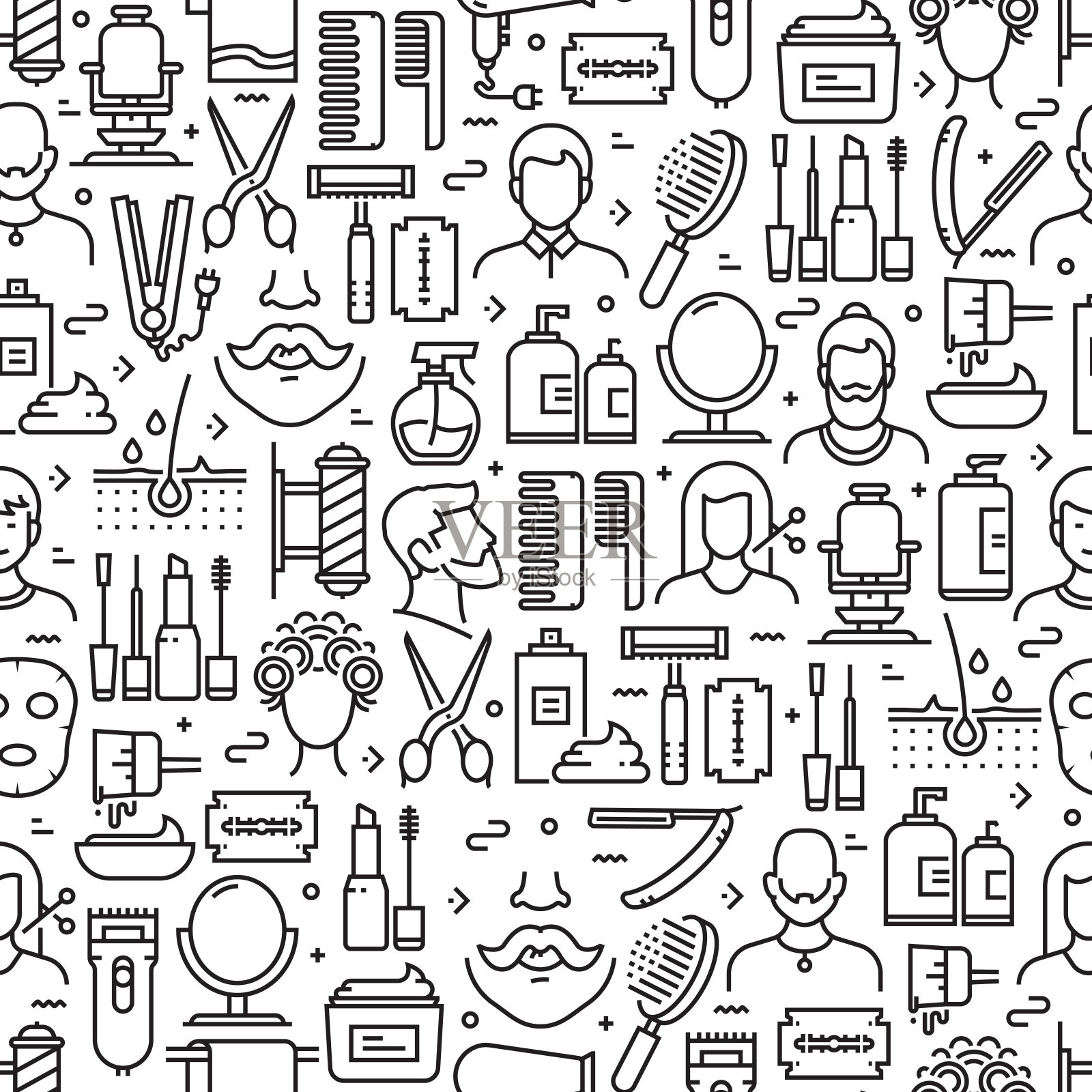 理发店相关无缝模式和背景线图标。可编辑的中风插画图片素材