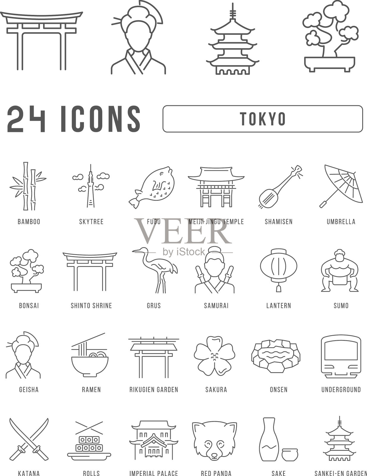 一套线性图标的东京图标素材