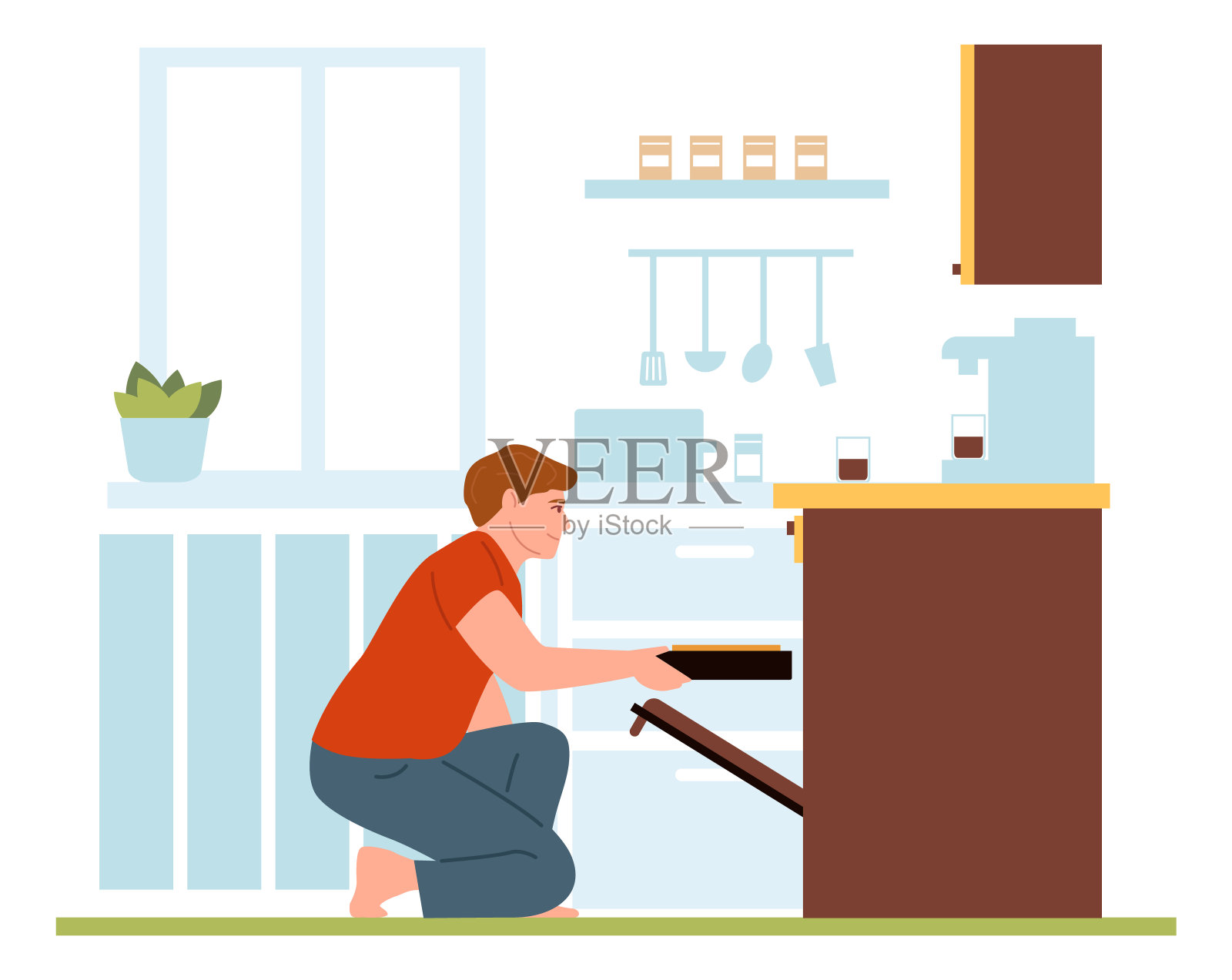 男子烘焙自制菜肴。厨房备餐插画图片素材