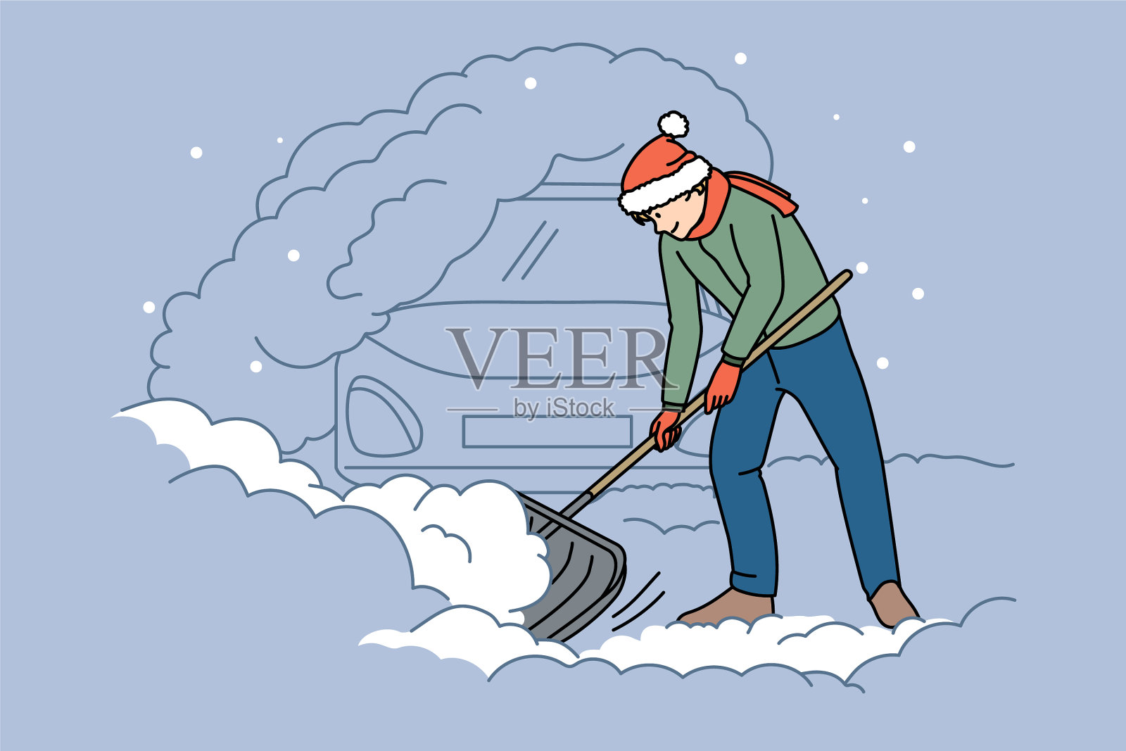一名男子在下雪的冬日用铲子挖出汽车插画图片素材