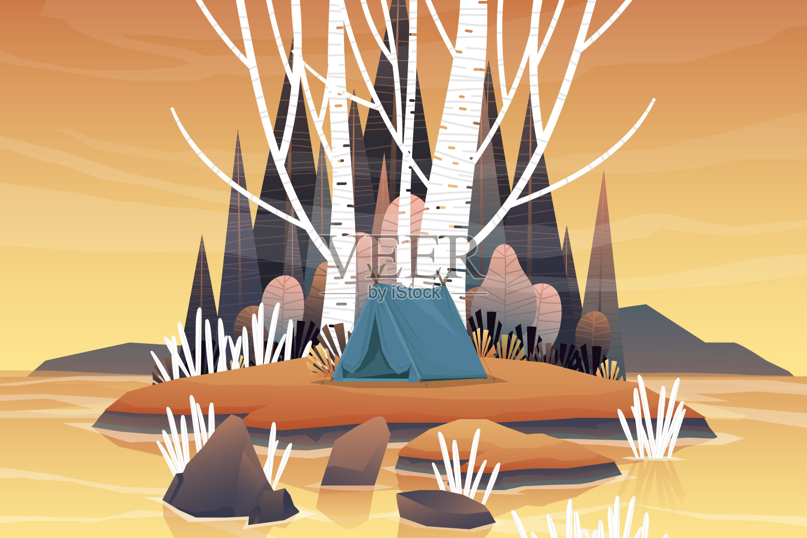 场景自然森林和旅游帐篷露营景观向量插画图片素材