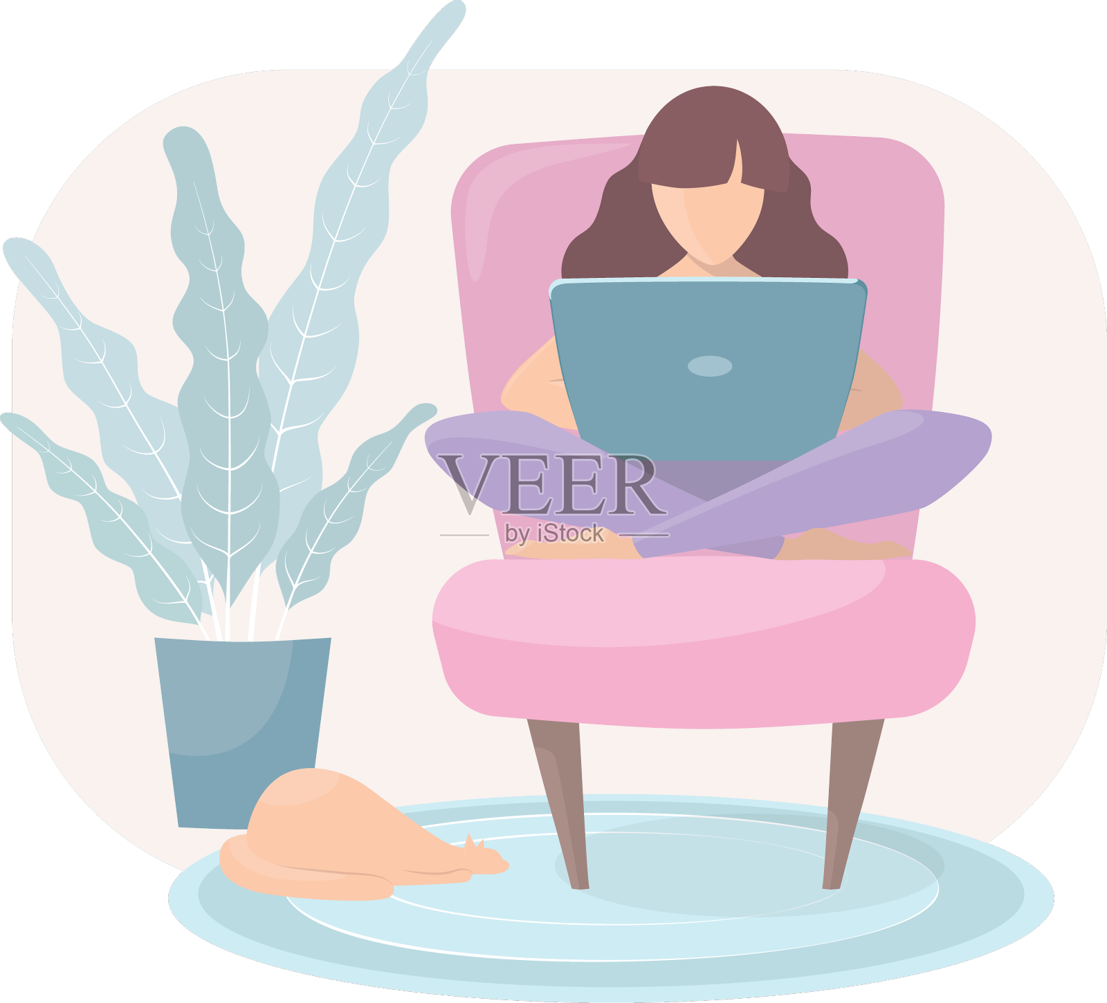 这个女孩坐在家里的扶手椅上工作设计元素图片