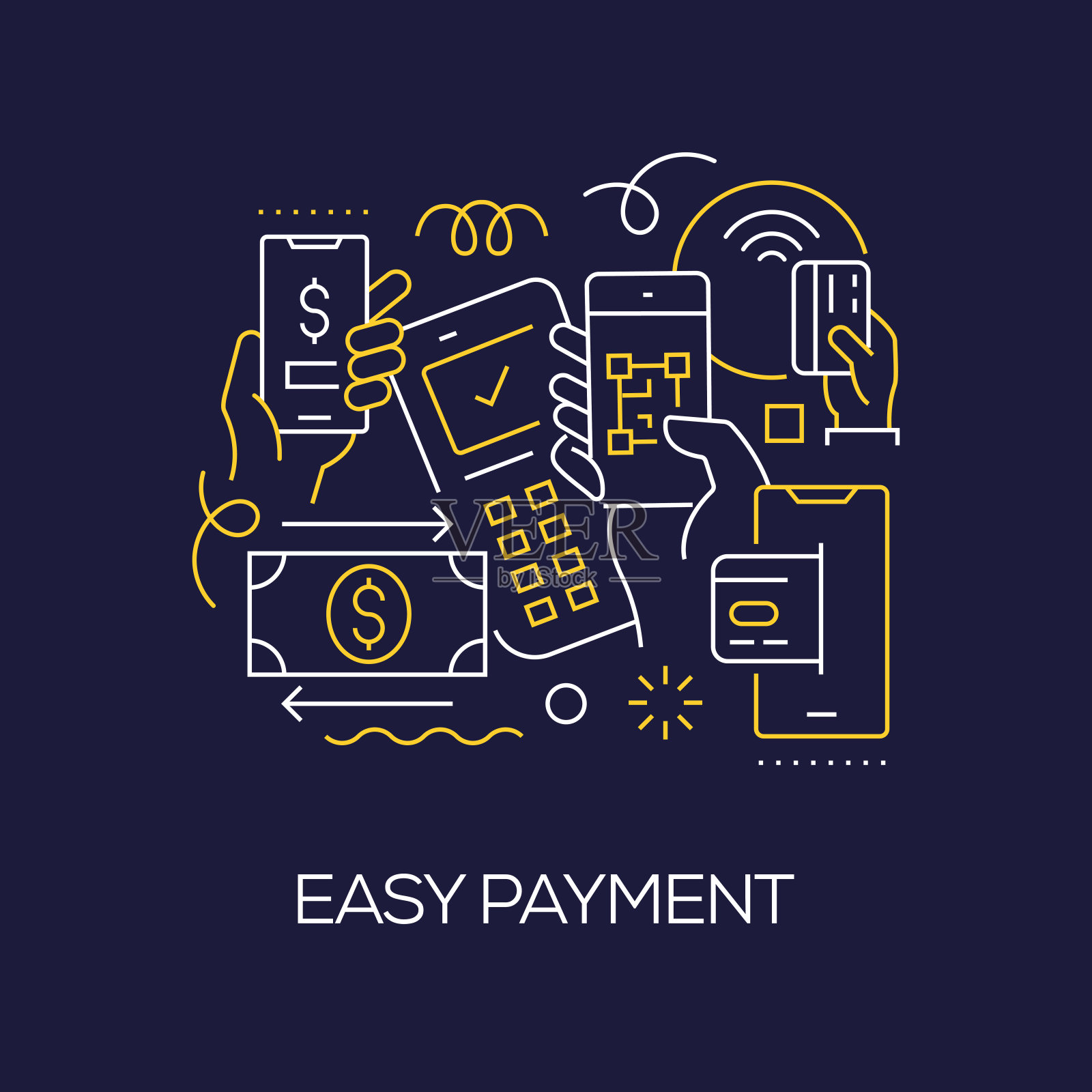 向量集插图容易支付的概念。线条艺术风格背景设计网页，横幅，海报，打印等。矢量插图。插画图片素材
