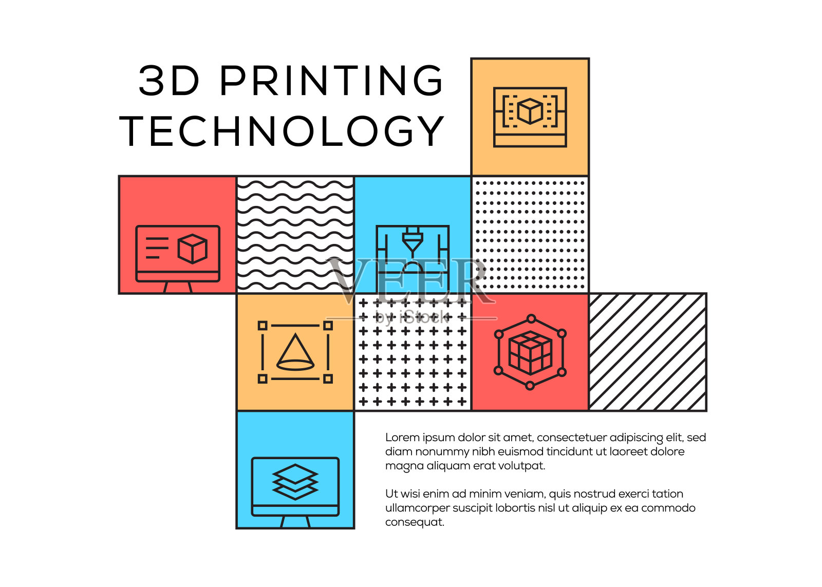 3D打印技术相关孟菲斯风格设计与线图标。简单的符号图标。插画图片素材