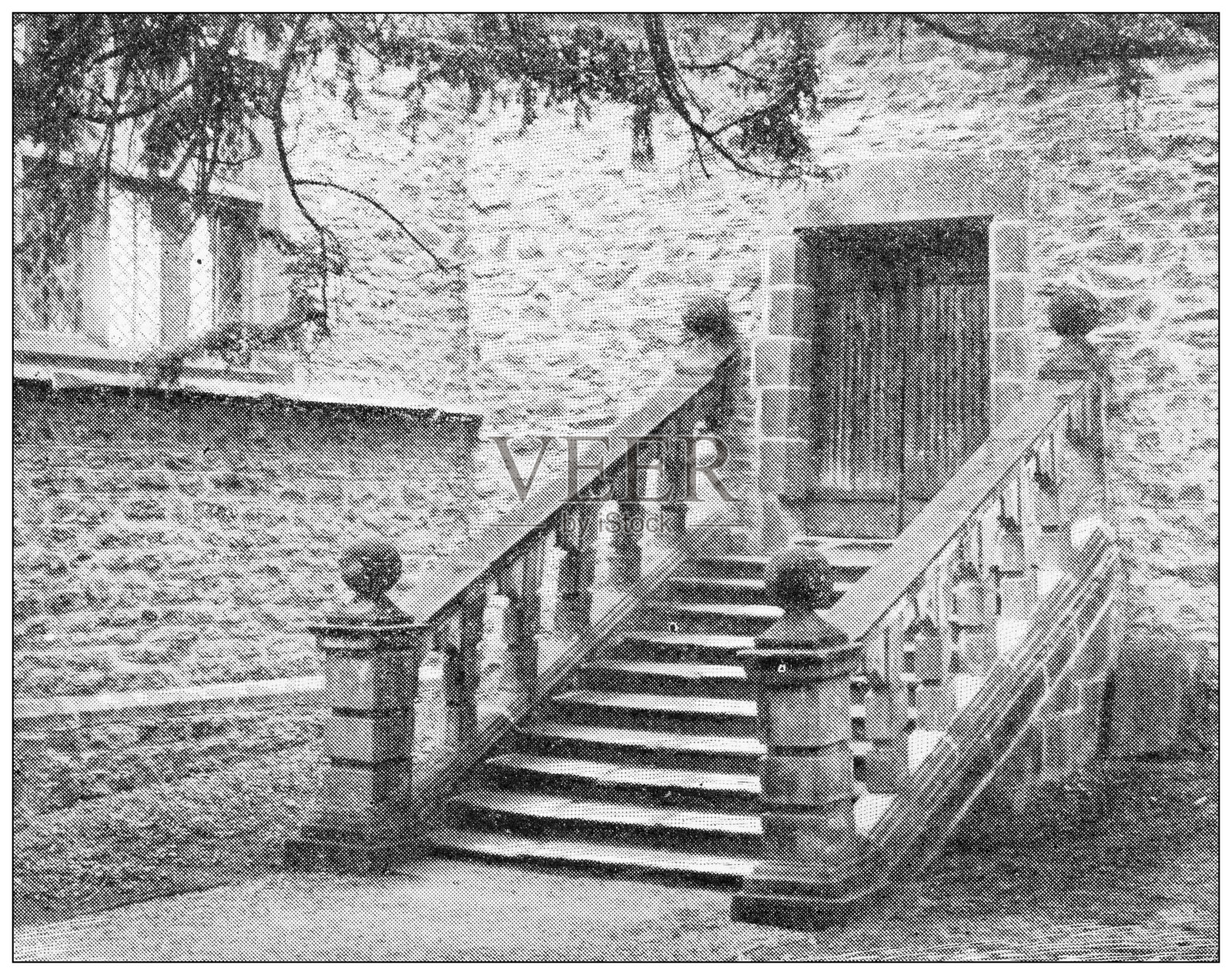 英国古旧的旅行照片:哈顿大厅，多萝西弗农的台阶插画图片素材