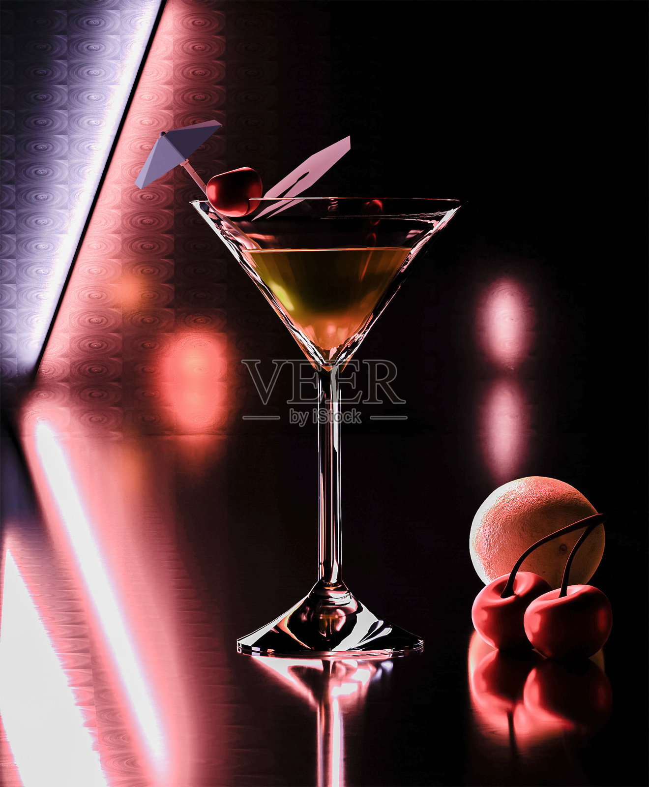 3d插画，国际化的马提尼酒在荧光色的深色背景上配上一颗樱桃，一串樱桃和一个橘子插画图片素材