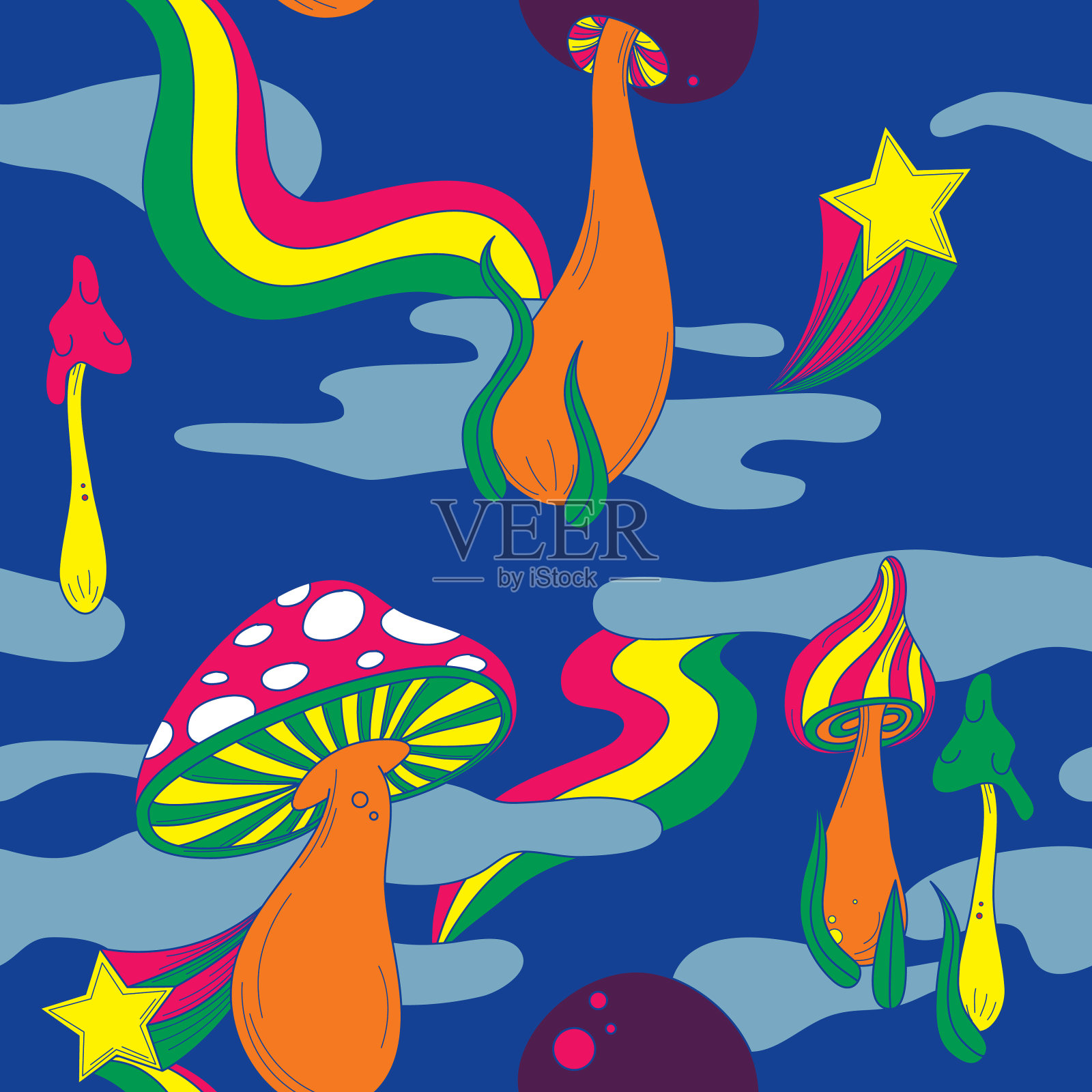 70年代复古风格宇宙迷幻蘑菇无缝图案插画图片素材