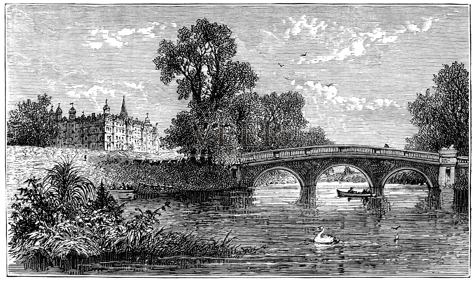 英国林肯郡斯坦福德镇伯利屋的狮子桥——19世纪插画图片素材