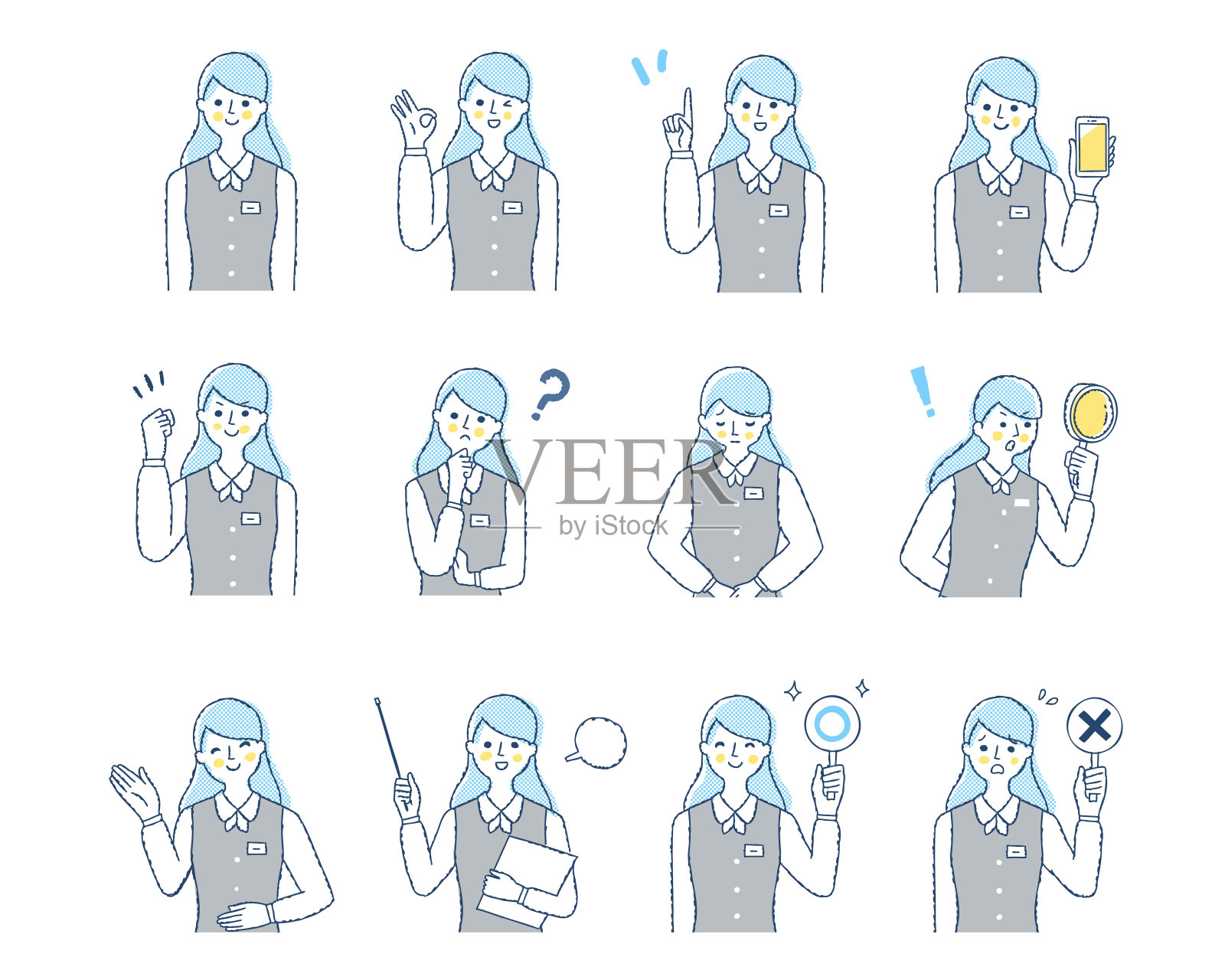 女性导游面部表情的变异集插画图片素材