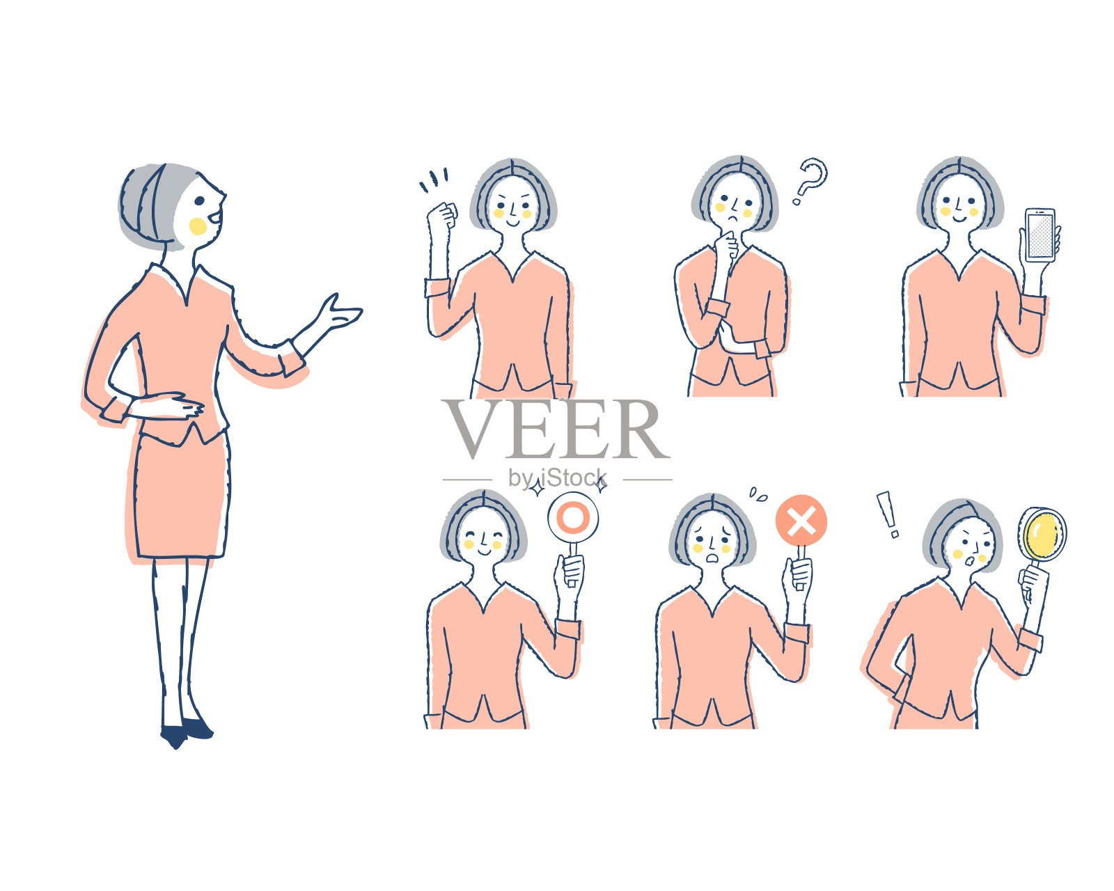 女性导游面部表情的变异集插画图片素材