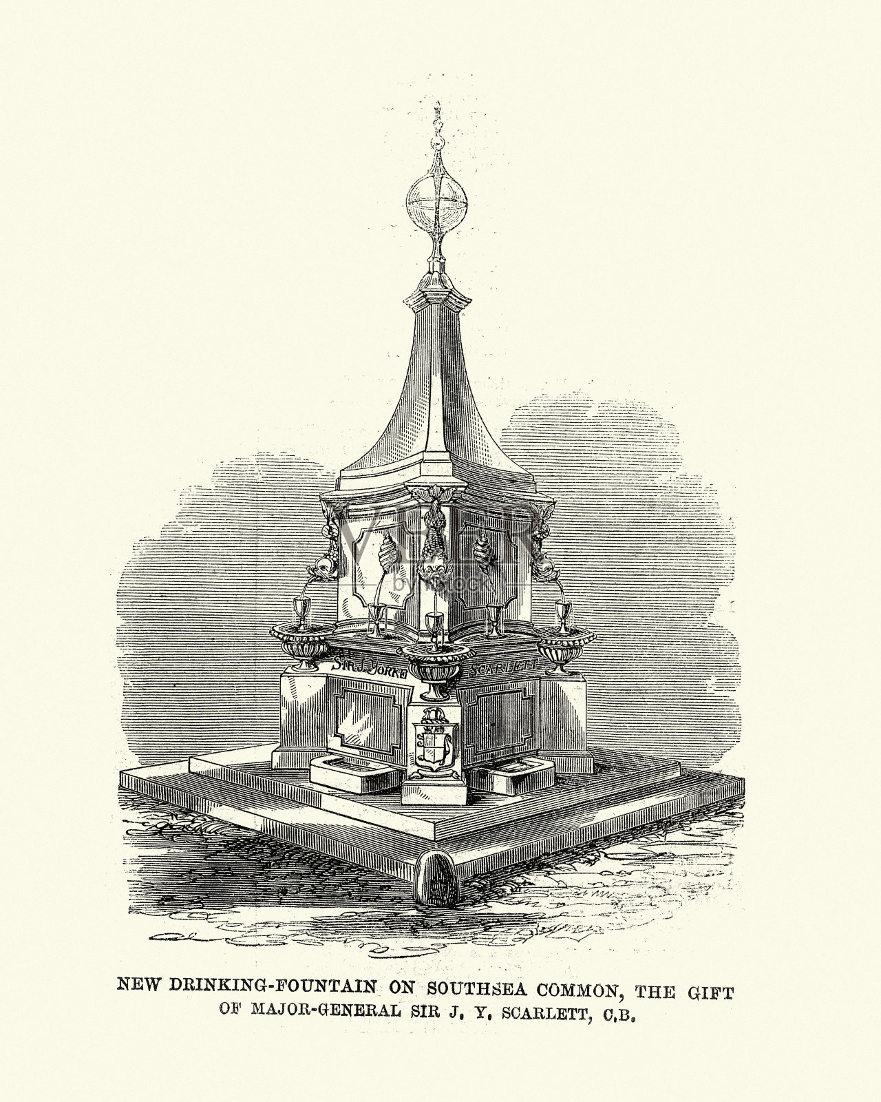 维多利亚式饮水机，南海常见，1861年，19世纪插画图片素材