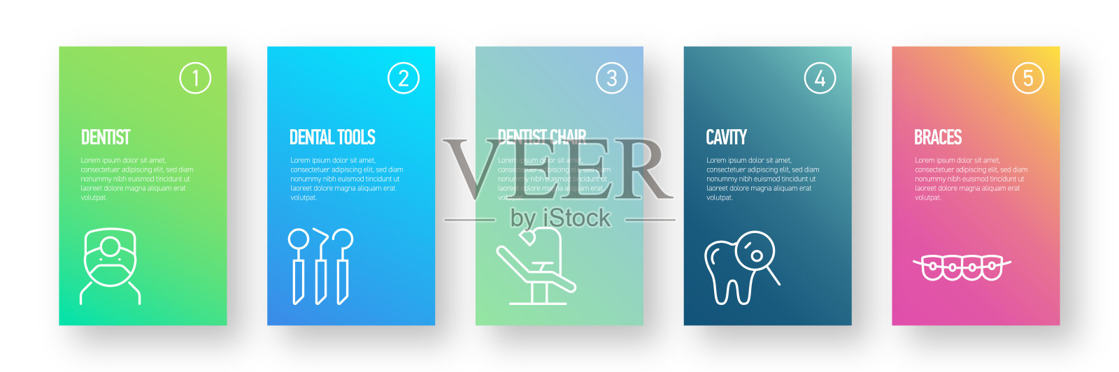 牙科信息图形设计模板与图标和5个选项或步骤的过程图，演示，工作流程布局，横幅，流程图，信息图形。插画图片素材