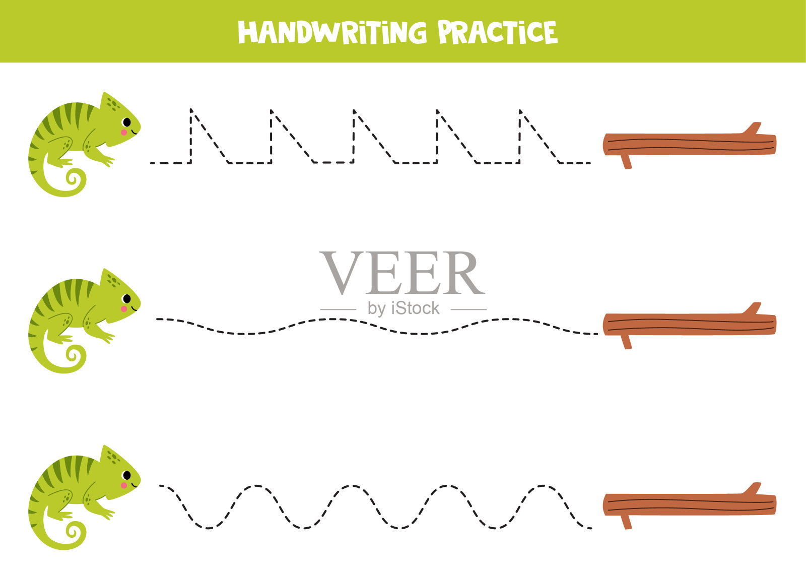 用可爱的变色龙练习写字。给学龄前儿童画线条。矢量插图。插画图片素材