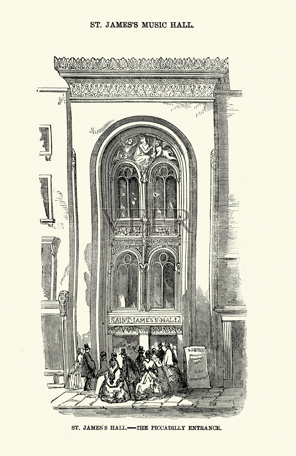 圣詹姆斯音乐厅，皮卡迪利入口，伦敦，维多利亚式英国建筑，1850年代，19世纪插画图片素材
