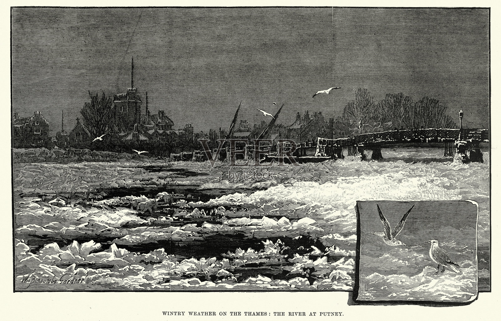 19世纪，19世纪80年代，泰晤士河在帕特尼冰封插画图片素材