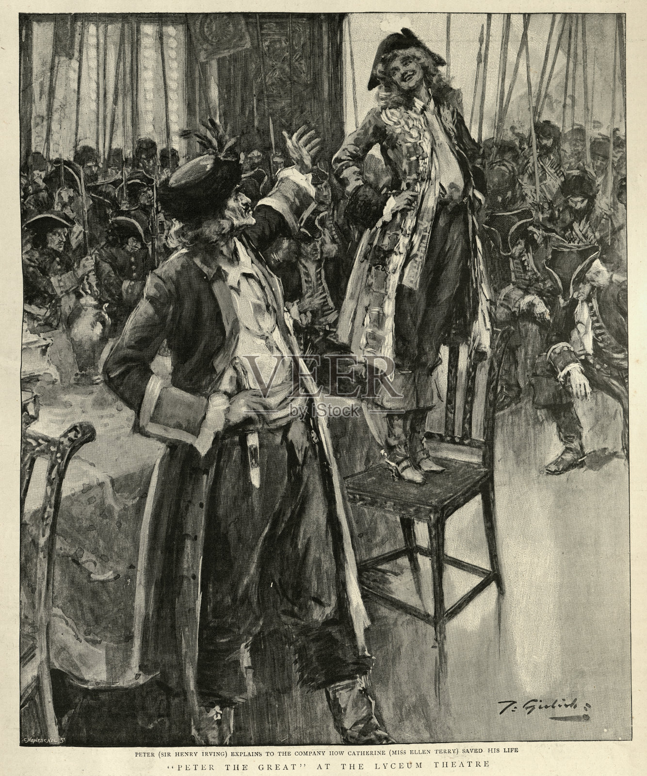 《彼得大帝在校园剧院》中的一幕，由19世纪的亨利·欧文爵士和艾伦·特里小姐主演插画图片素材