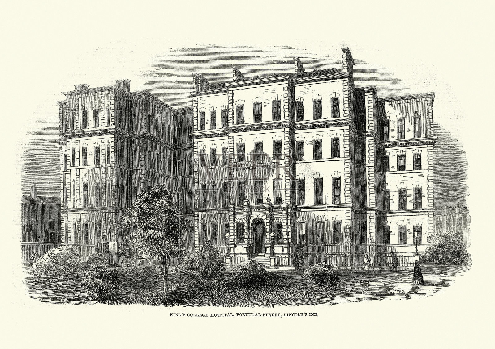 位于葡萄牙大街的国王学院医院，1861年，19世纪插画图片素材