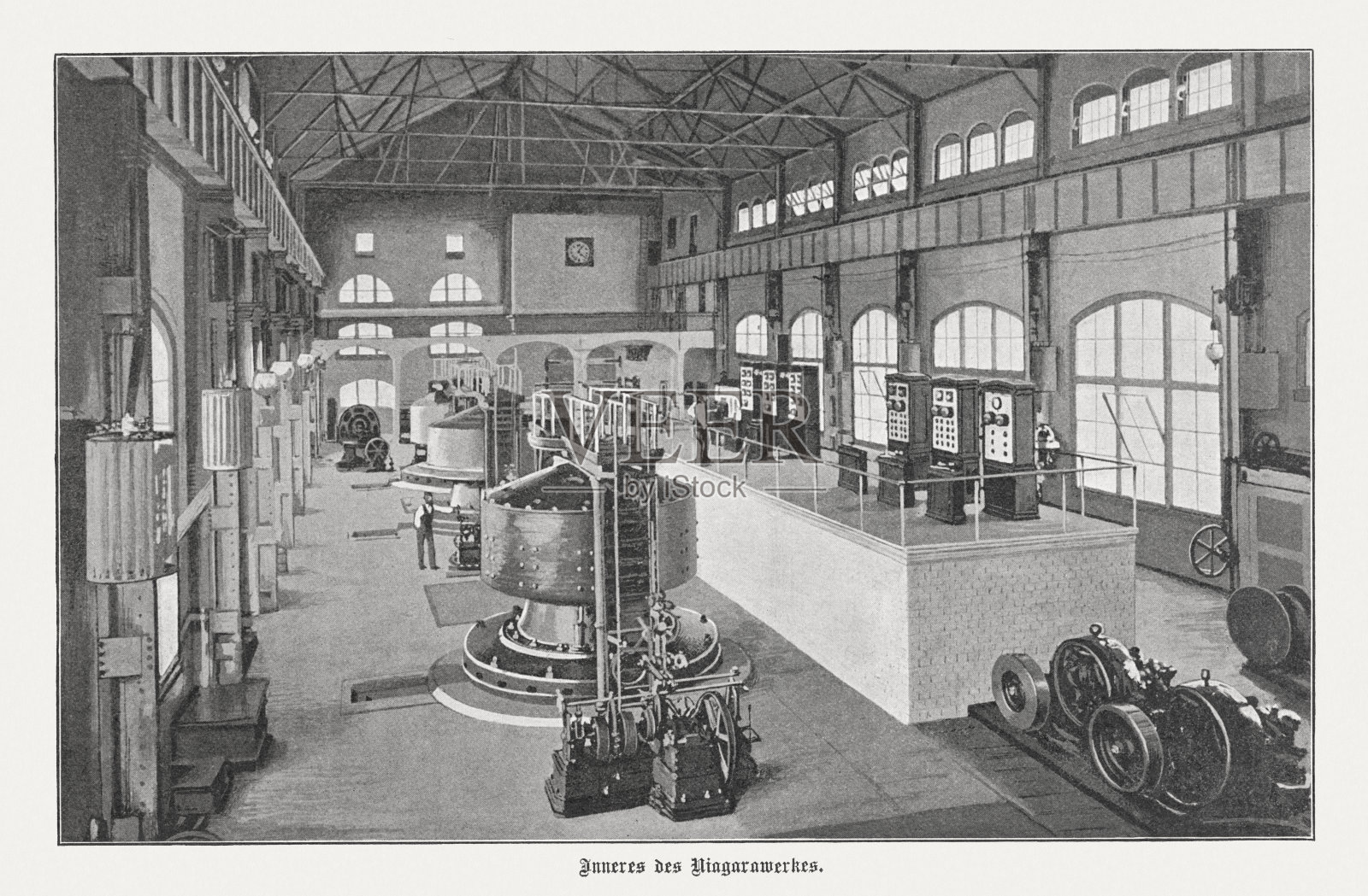 美国尼亚加拉瀑布，西屋发电机，水力发电站，1898年出版照片摄影图片