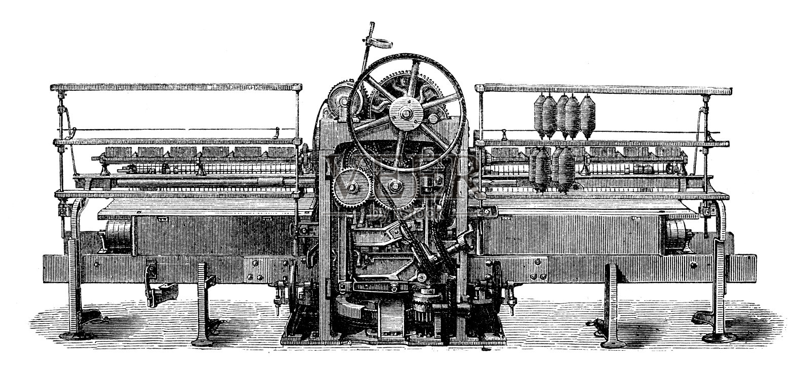 古董插画、应用机械、纺织工业:纺纱机械插画图片素材