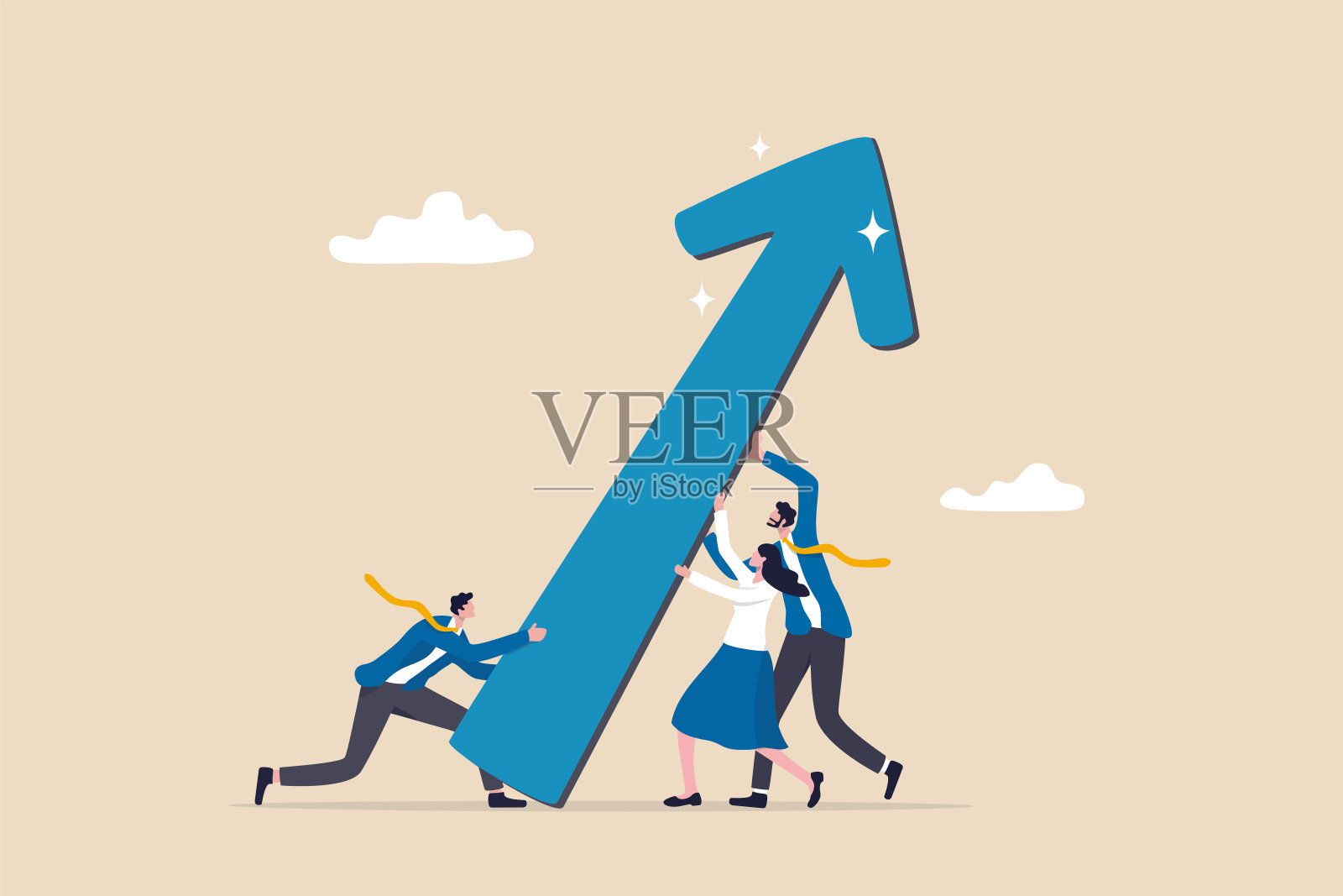 团队努力帮助业务成长，阻力或支持业务成长，合作改善和提高业绩理念，帮助业务团队成员推动箭头上升图。插画图片素材