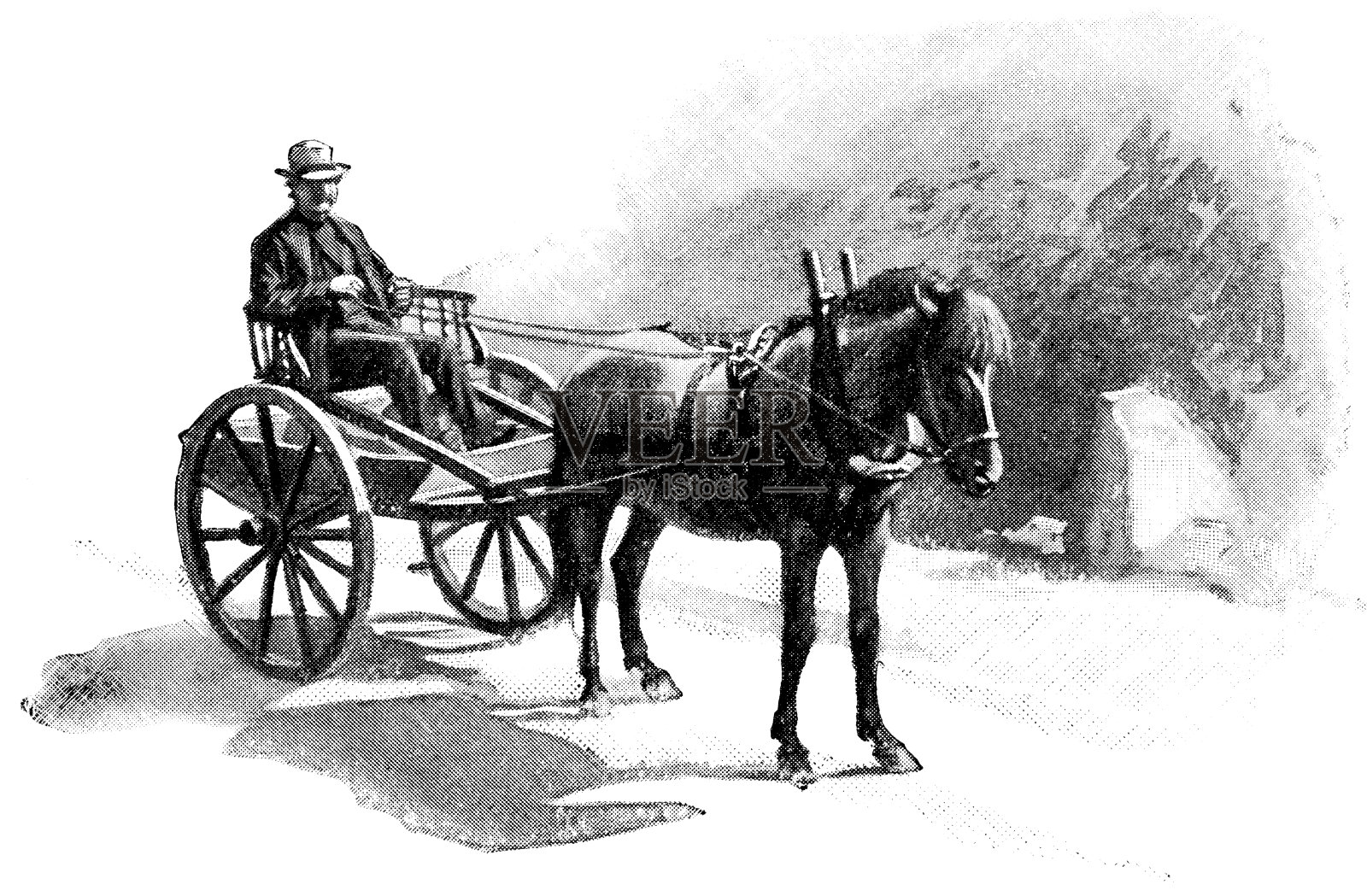 斯堪的纳维亚风格的车在卑尔根，挪威- 19世纪插画图片素材