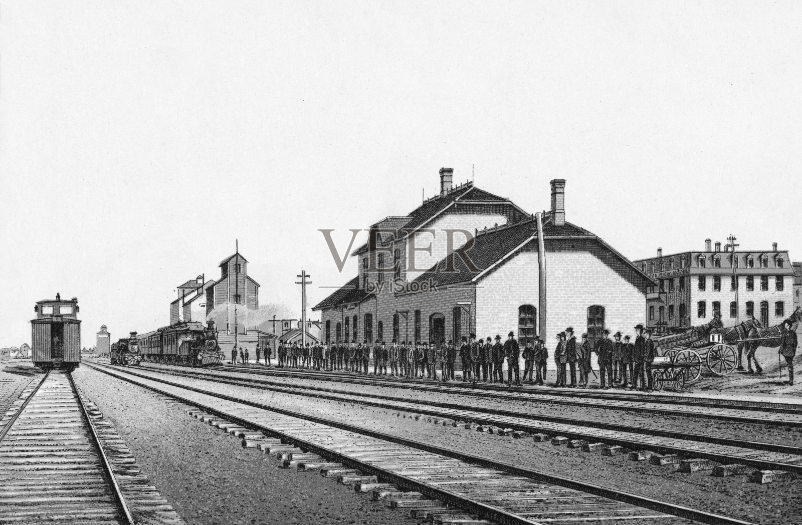 火车站在布兰登，马尼托巴，加拿大- 19世纪插画图片素材