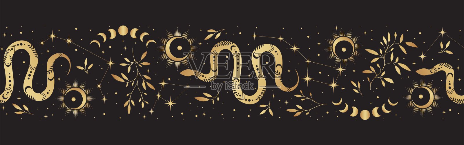 无缝矢量边界与月亮，草药，星星和蛇。黄金装饰点缀。插画图片素材