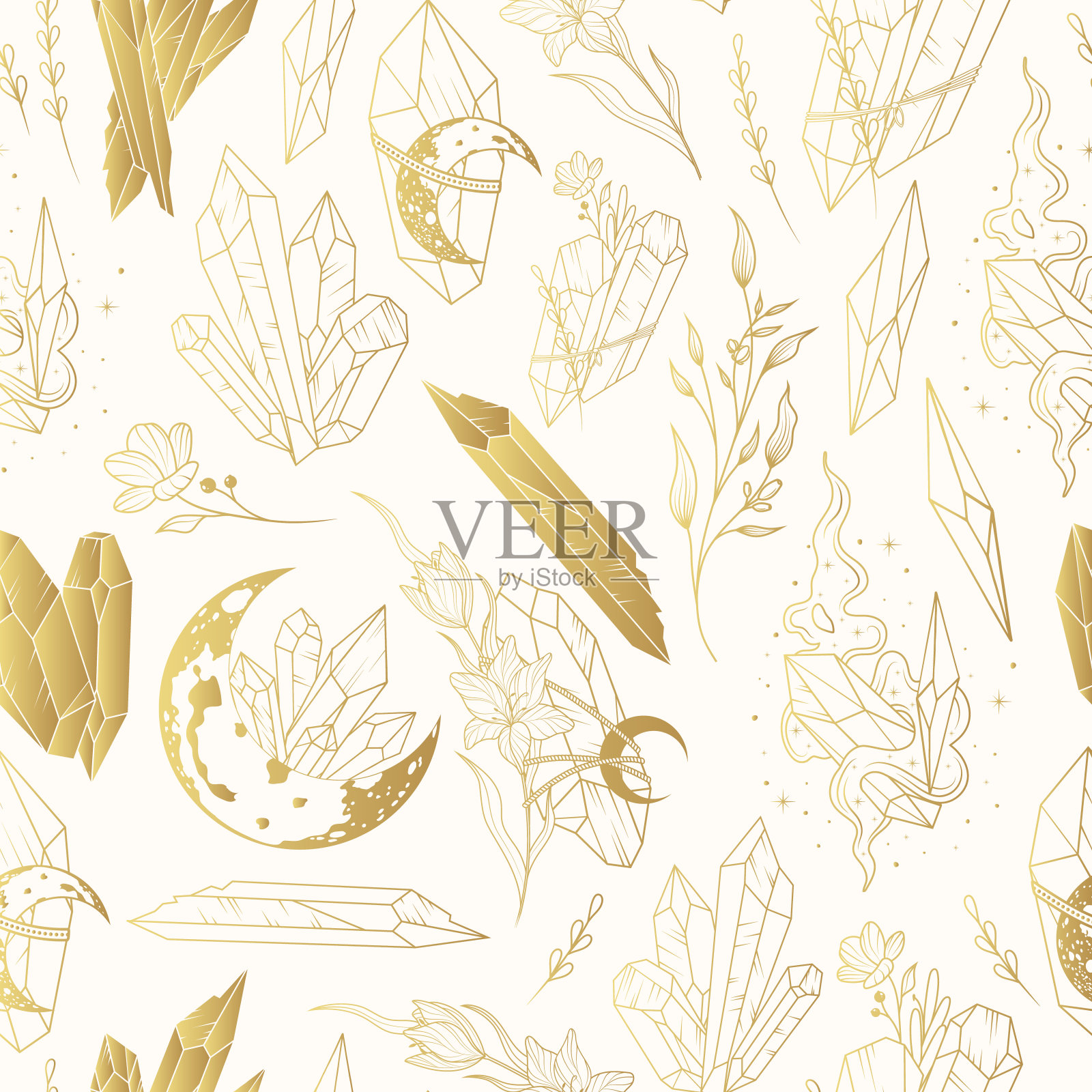 天象花和月亮水晶无缝图案波西米亚风格。手工绘制的包装纸、纺织品、背景线形插图。插画图片素材