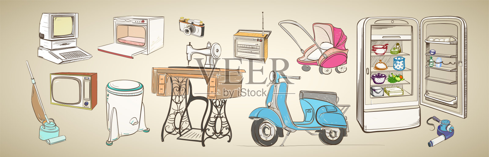 复古家电的多色插图插画图片素材