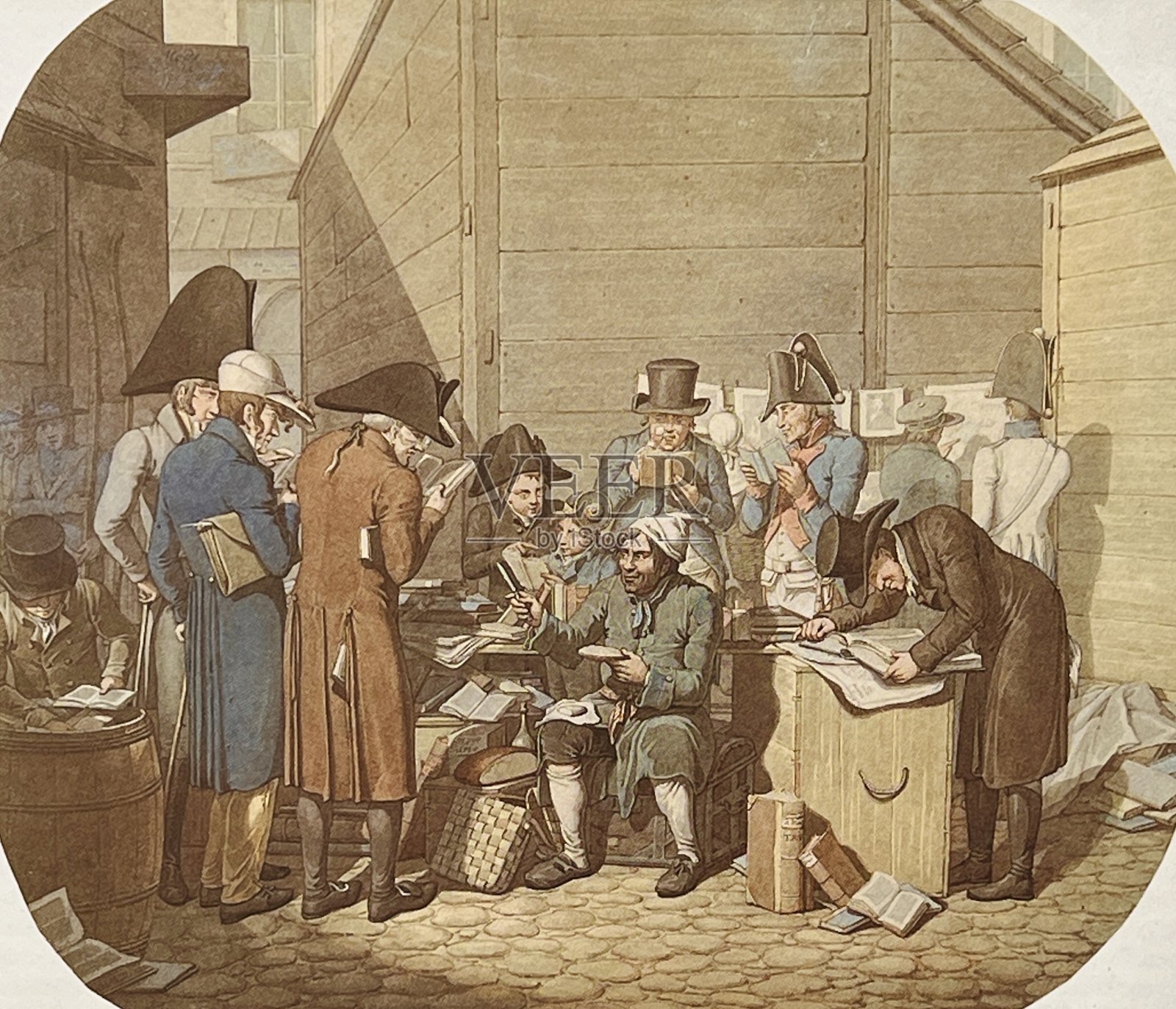 在集市上卖书的古董商插画图片素材