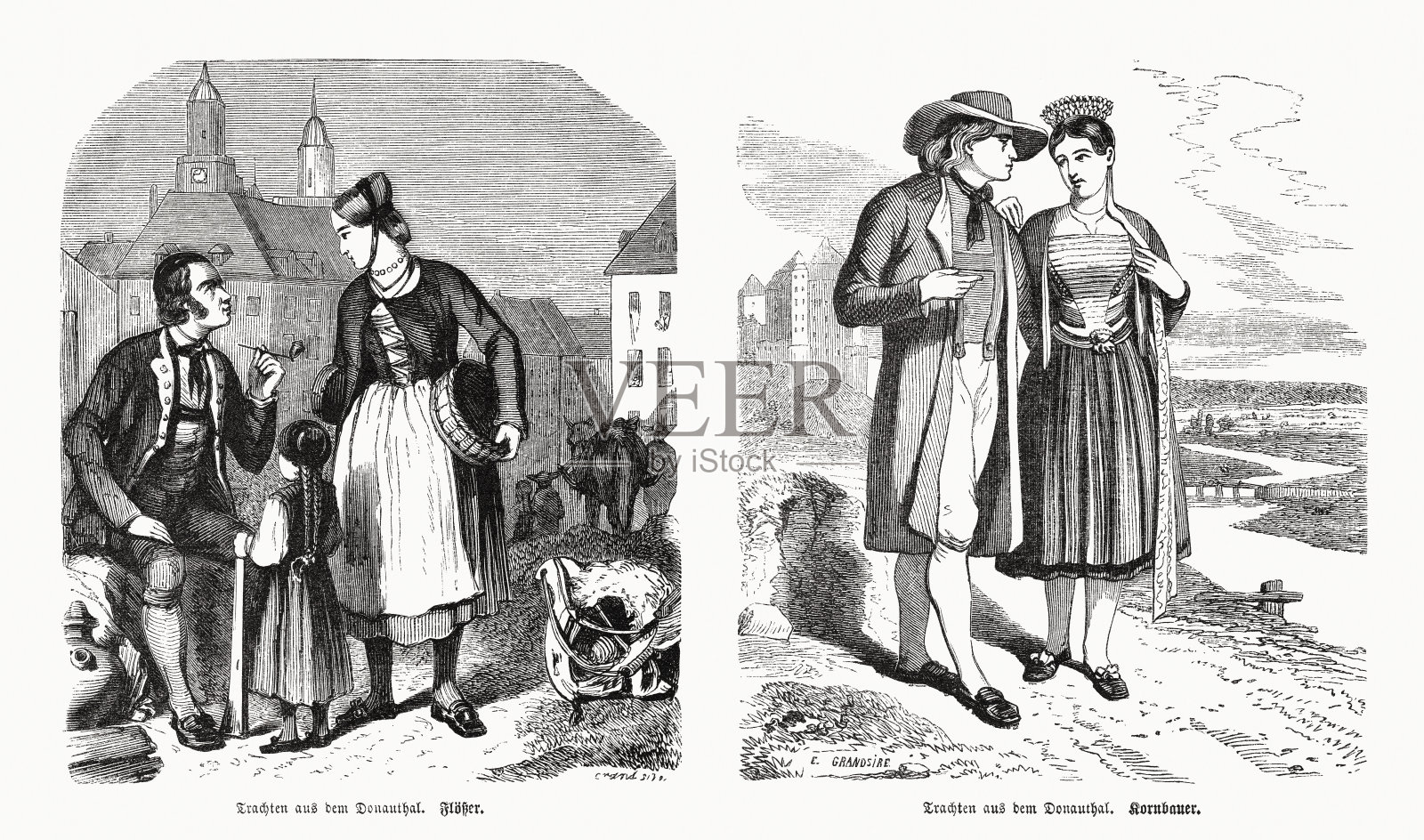 来自多瑙河流域的传统服饰，木版画，出版于1870年插画图片素材