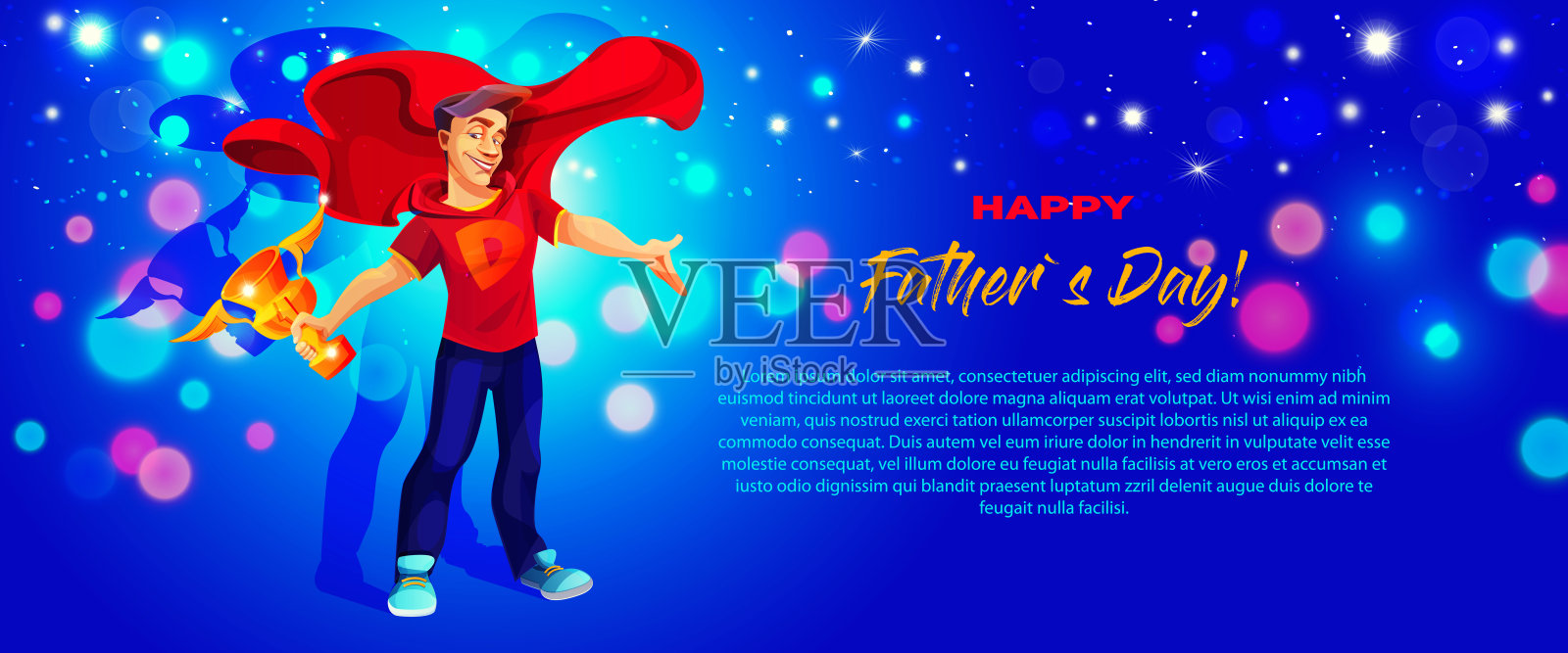 卡通风格的父亲节贺卡。超级奶爸的金色奖杯，获胜者穿着雨衣，以节日抽象色为背景，并有文字的地方。插画图片素材