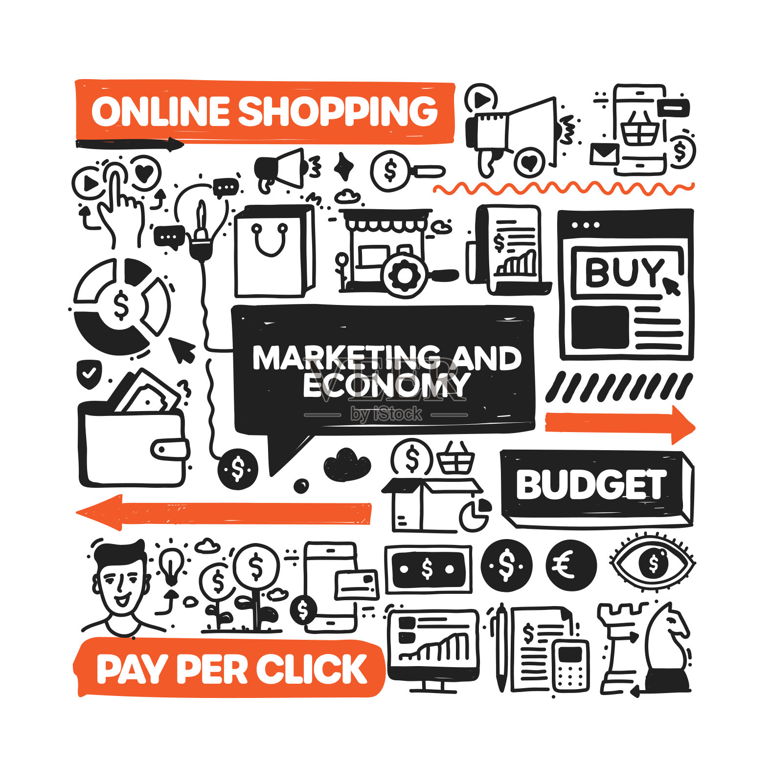 市场与经济的对象和要素。矢量涂鸦插图收集。手绘图标集或横幅模板插画图片素材