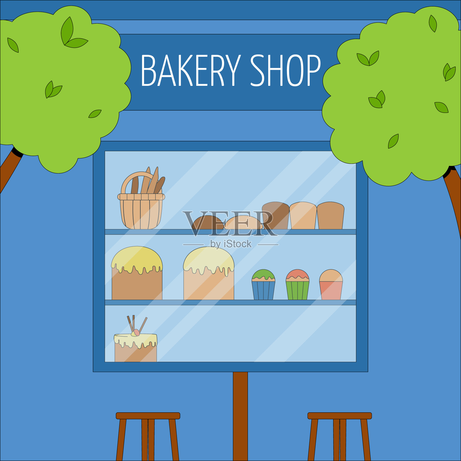 城市面包房的建筑有户外桌椅。夏季咖啡馆的矢量概念。平面向量插图。插画图片素材