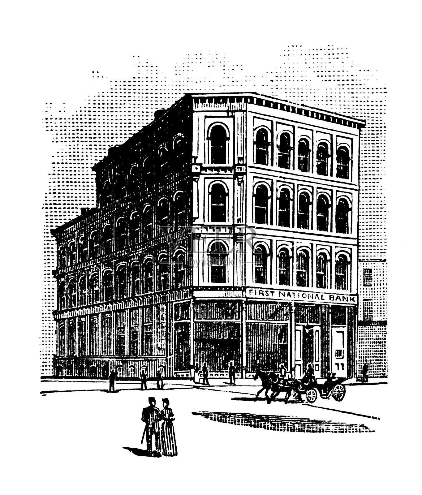 美国，新罕布什尔州地标和公司的古董插图:康科德，第一国家银行插画图片素材