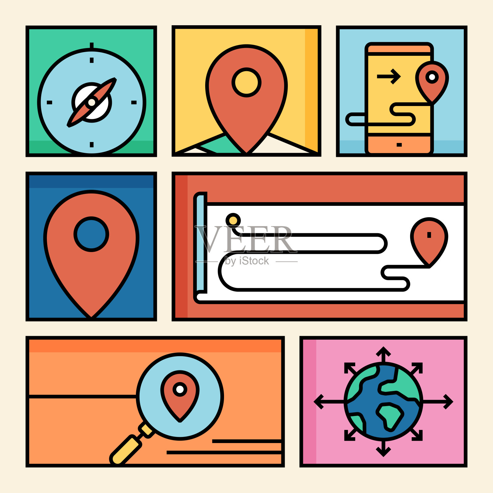 彩色背景上的彩色导航图标插画图片素材