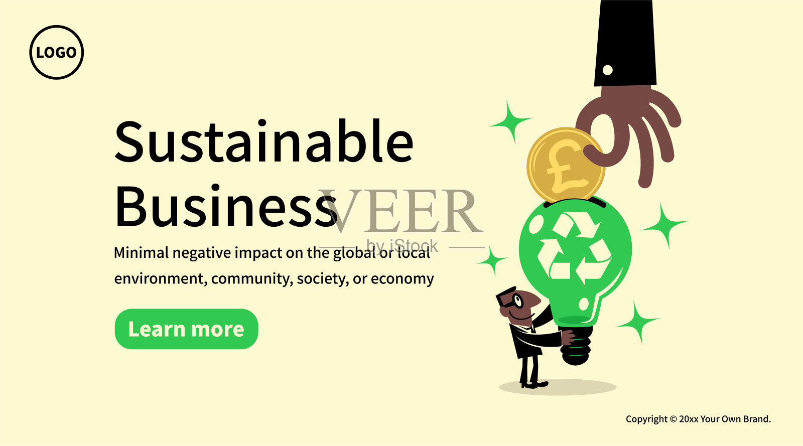 在可持续商业理念中，发展清洁的生态地球基金，保护环境，大手将资金投入到商人带有回收标志的创意灯泡中。插画图片素材