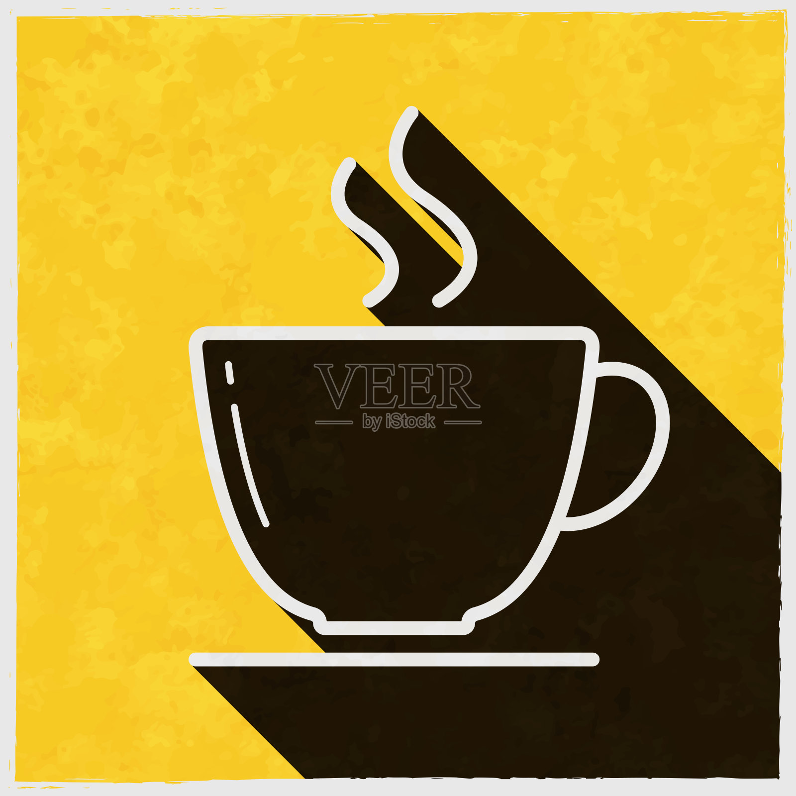 咖啡杯。图标与长阴影的纹理黄色背景插画图片素材