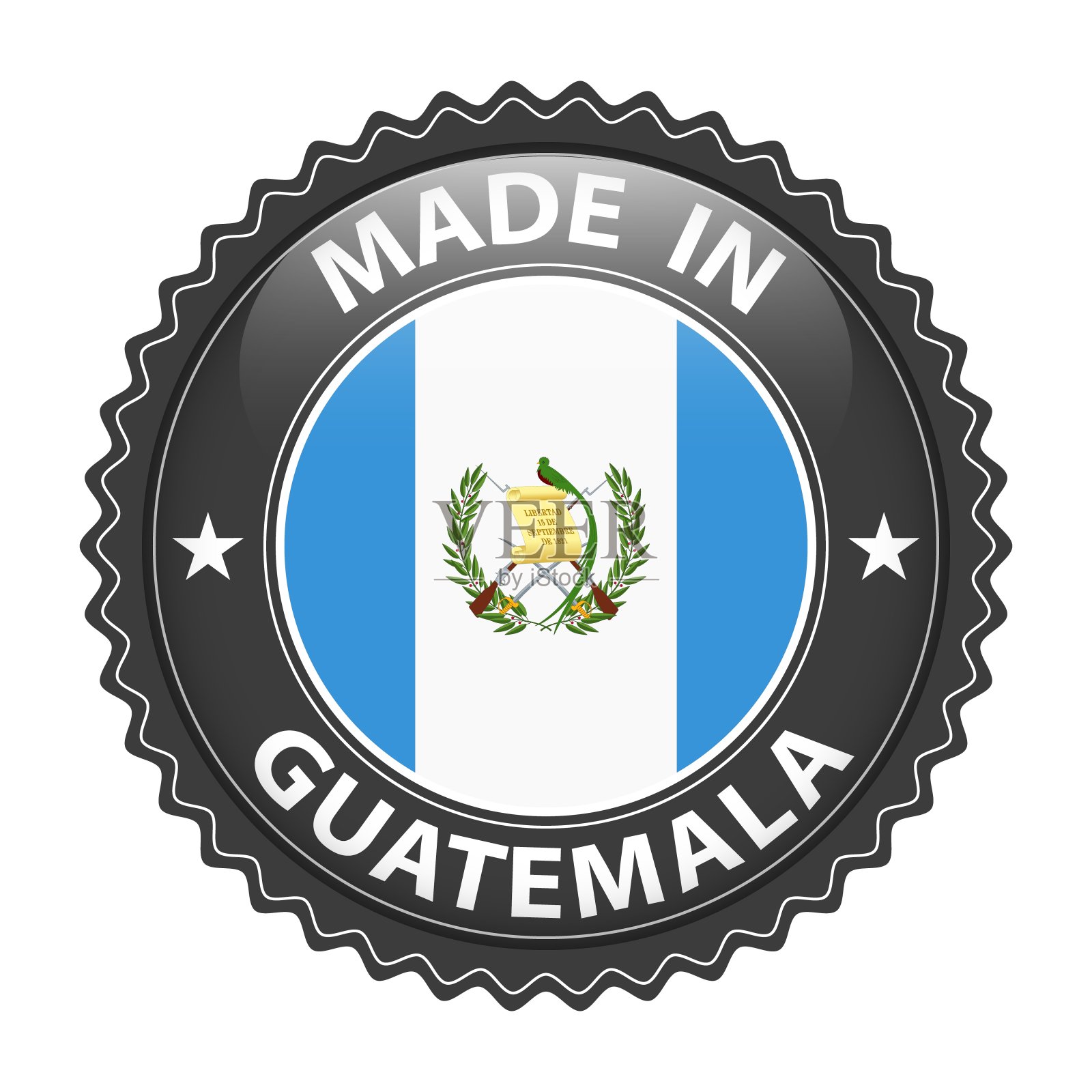 危地马拉制造的徽章向量。贴纸上有星星和国旗。标志孤立在白色背景上。插画图片素材