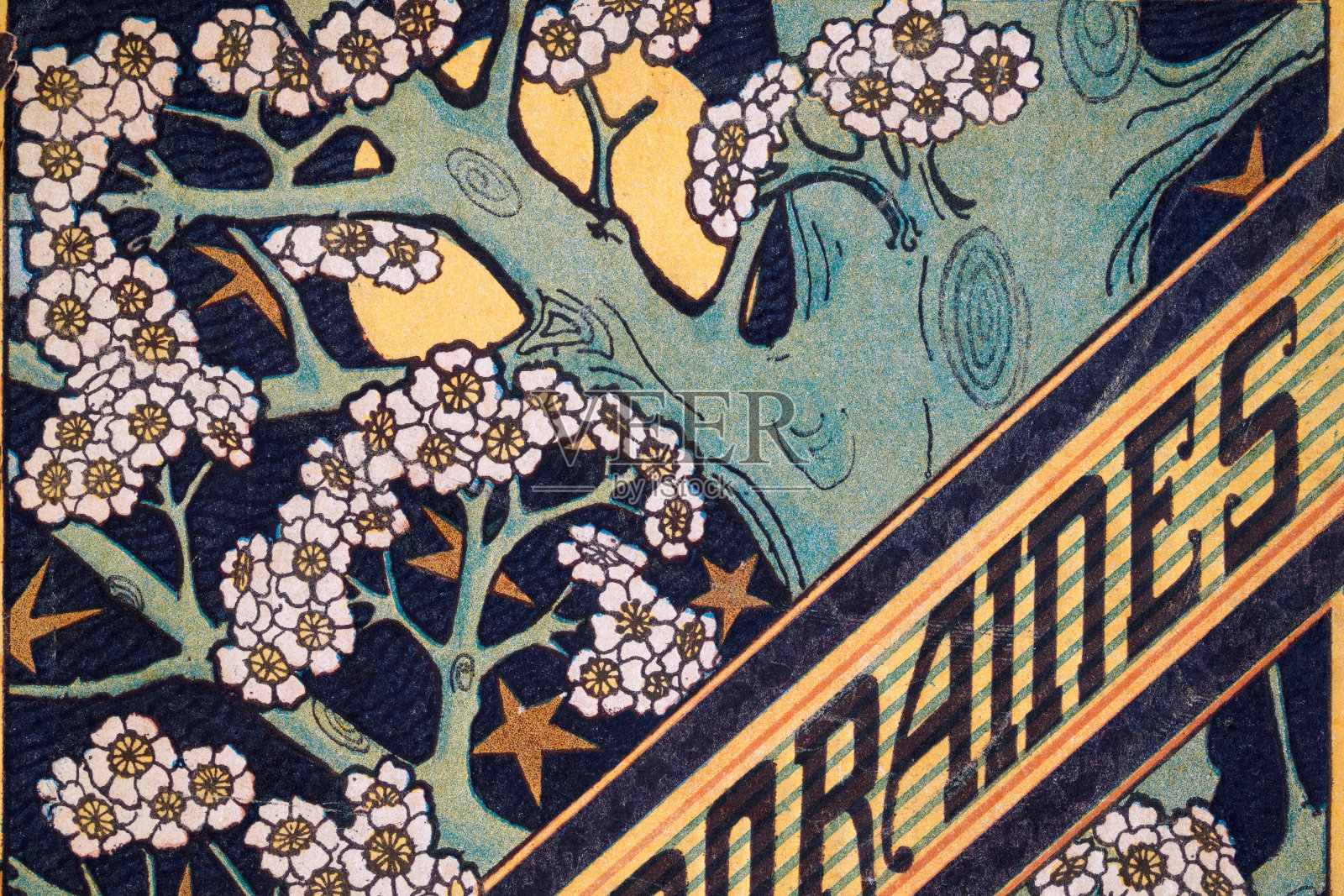 新艺术，金色的月亮在开花的树后，开花，1890年代的复古插画插画图片素材