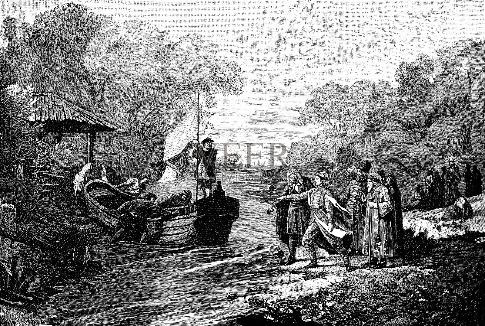 彼得大帝下水“俄罗斯海军的祖父”(Botik of Peter the Great)， 19世纪未知艺术家绘画插画图片素材