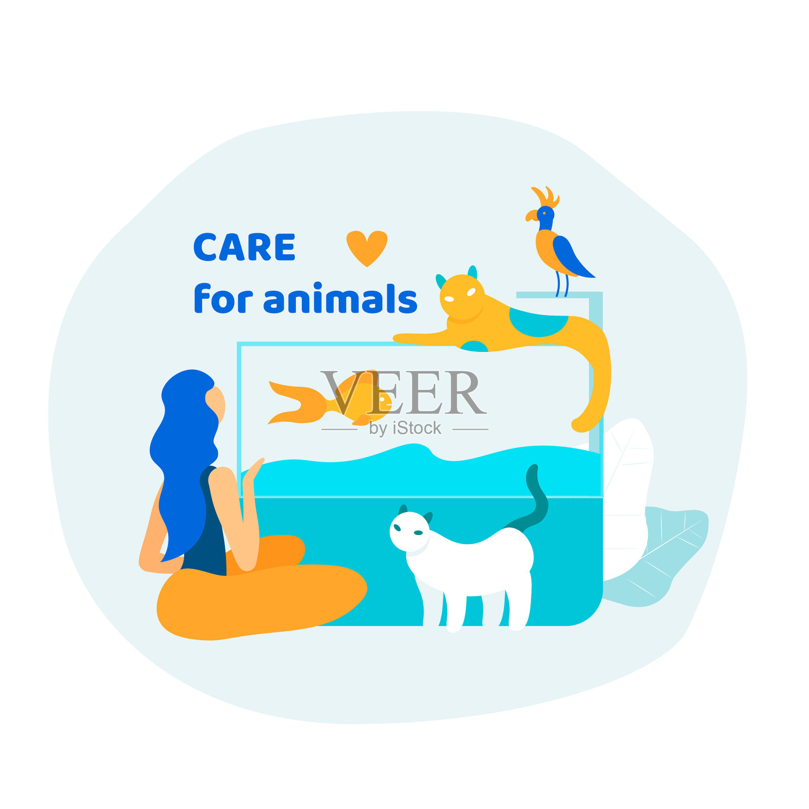 一个女人坐在玻璃鱼缸旁边，旁边放着金鱼插画图片素材